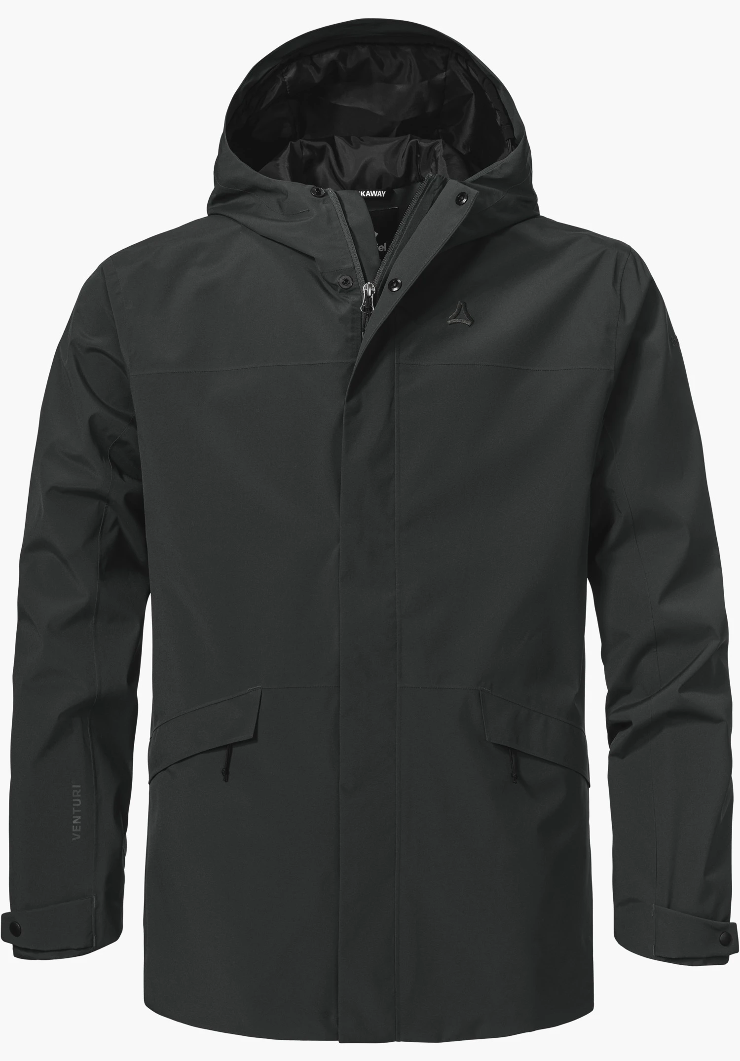 CIRC Jacket Style Smue MEN as a black jacket with a hood, front zip, flap pockets and a subtle Schöffel logo on the left chest, isolated on a white background.