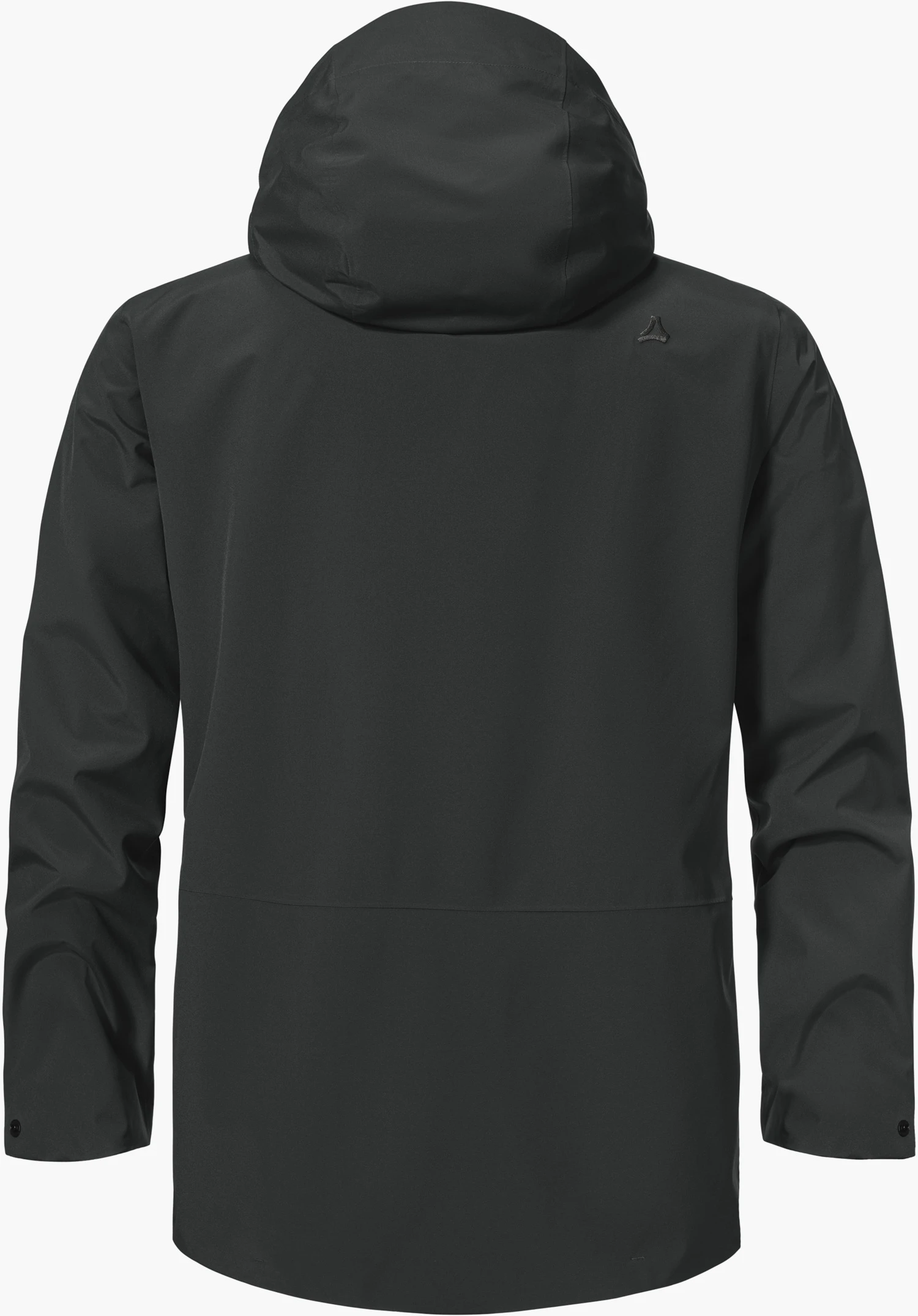 CIRC Jacket Style Smue MEN in black, shown from the back with a hood and Schöffel logo on the right shoulder area, isolated on a white background.
