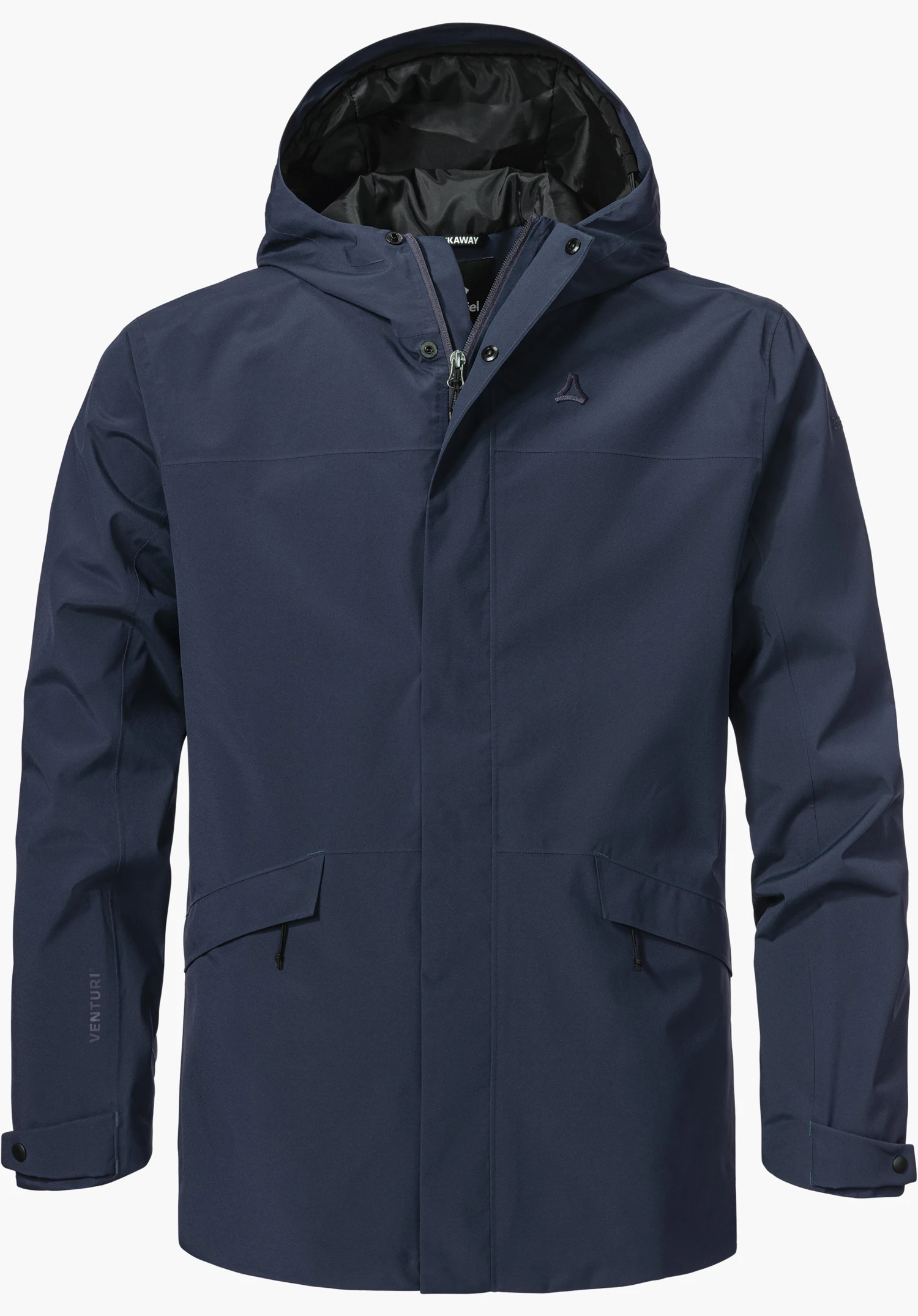 CIRC Jacket Style Smue MEN in blue with a hood and Schöffel logo on the chest, isolated against a white background.