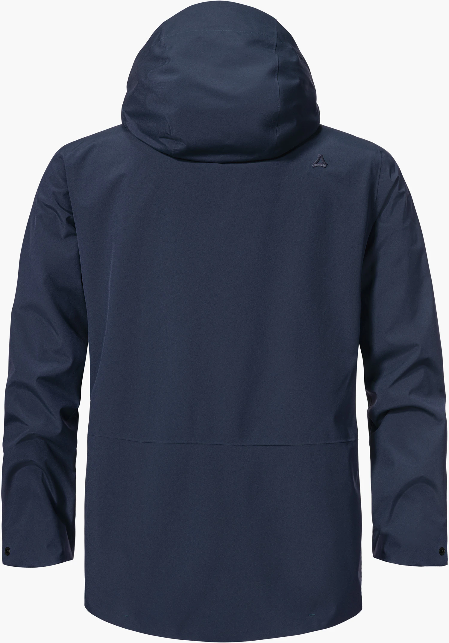 CIRC Jacket Style Smue MEN in blue shows the back view of the jacket with a hood and a subtle Schöffel logo on the right shoulder area, isolated against a white background.