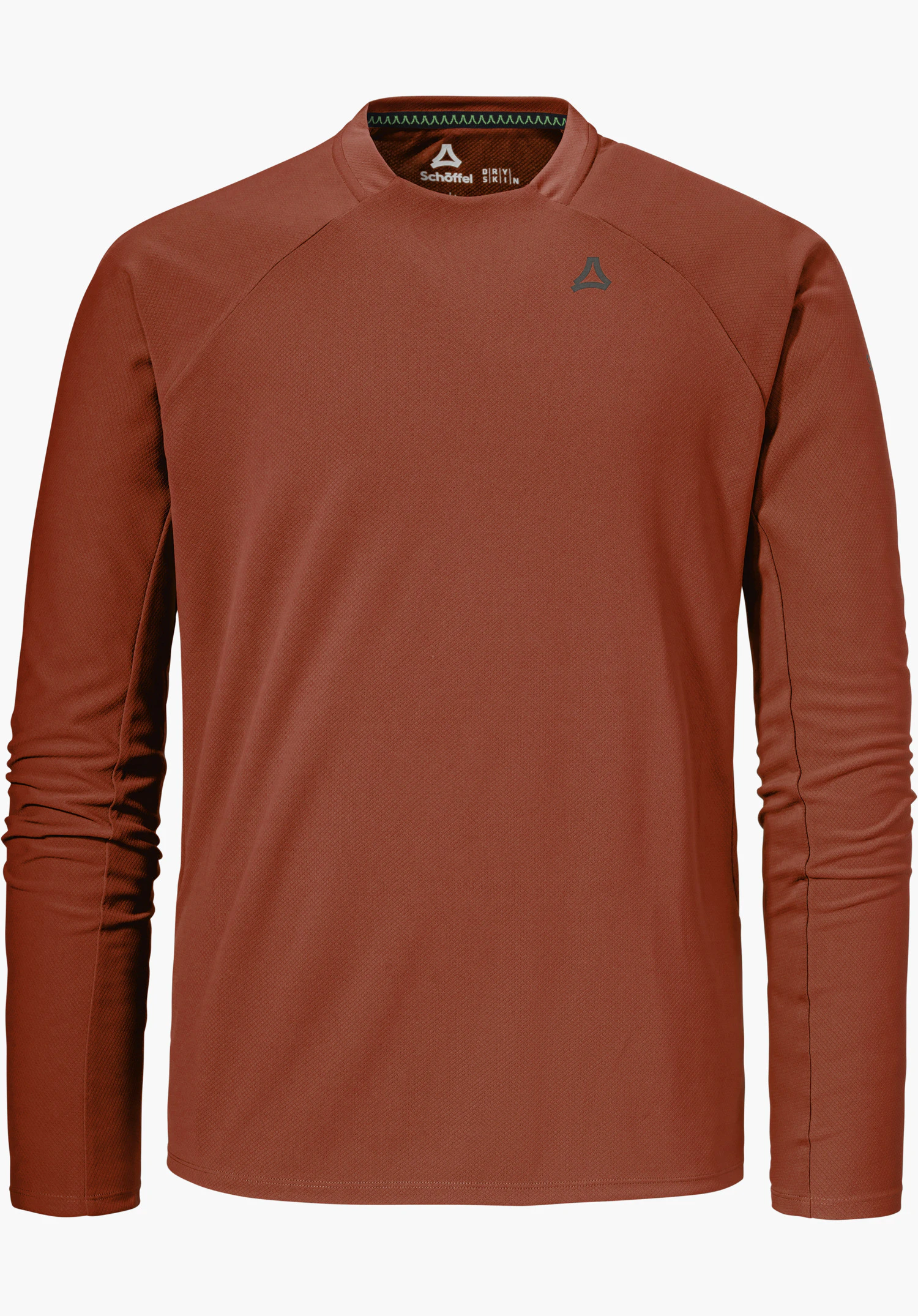 Longsleeve Style Enixa MEN en rouge avec des manches longues et un logo Schöffel sur la poitrine, détouré sur fond blanc.