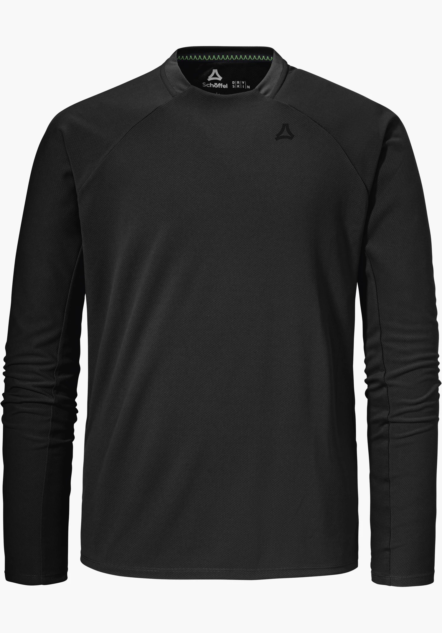 Longsleeve Style Enixa MEN in Schwarz mit Schöffel-Logo auf der Brust, freigestellt vor weißem Hintergrund.