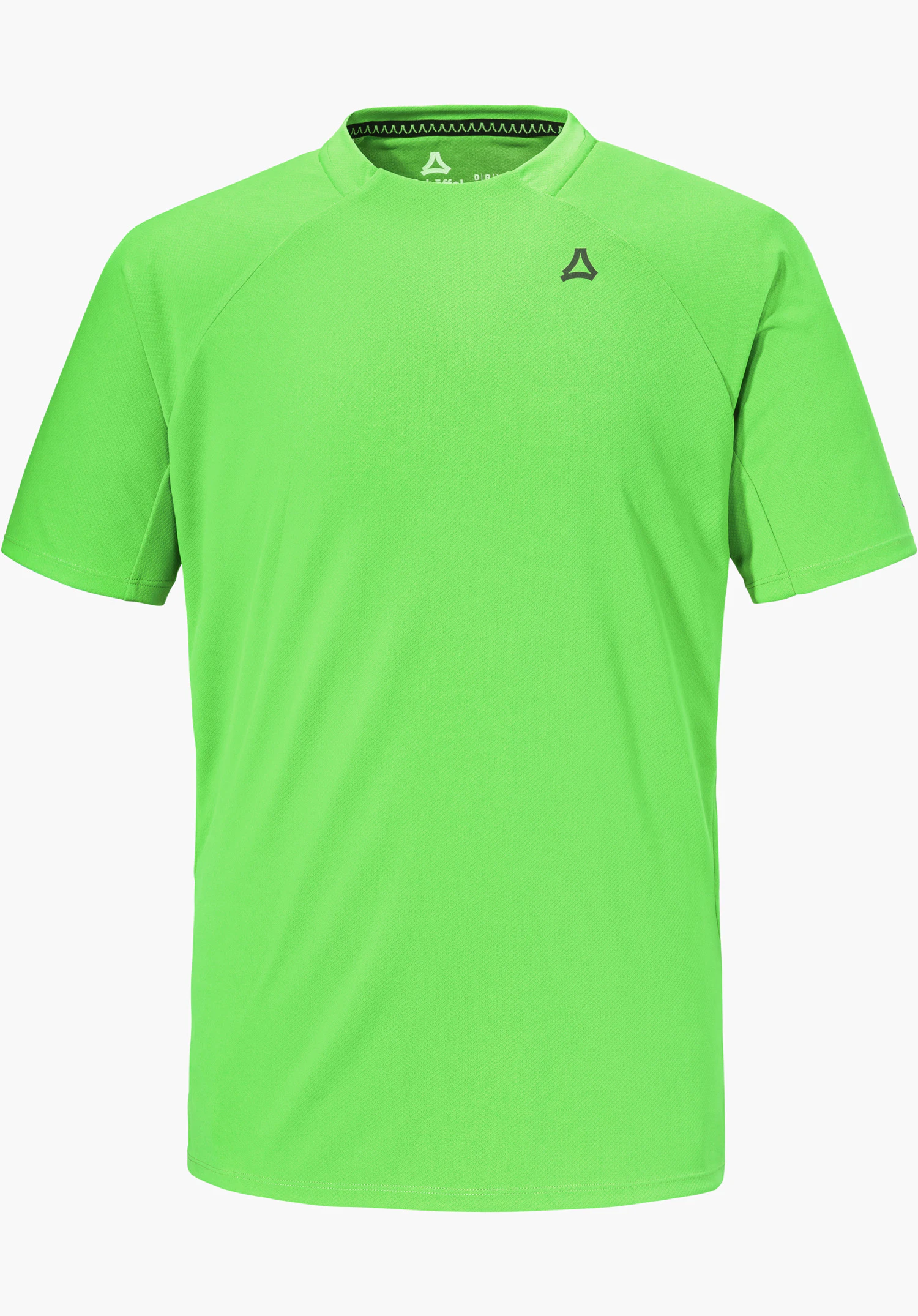 T Shirt Style Enixa MEN in Grün mit kurzen Ärmeln, Rundhalsausschnitt und dunklem Schöffel-Logo auf der linken Brust, freigestellt vor weißem Hintergrund.