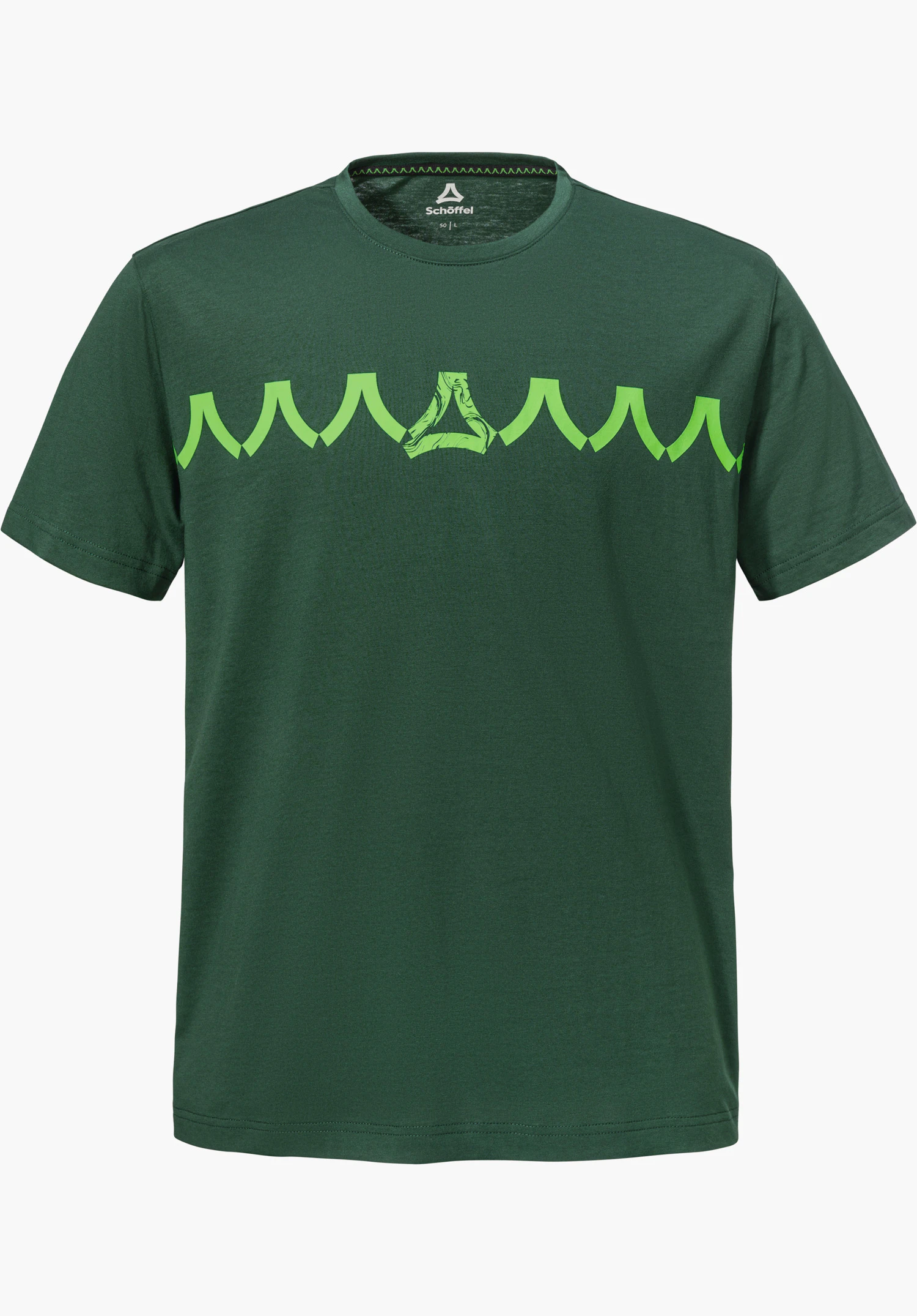 T Shirt Style Elmori MEN en vert avec un motif de montagne en zigzag vert clair sur la poitrine et le logo Schöffel à l'intérieur du col, détouré sur fond blanc.