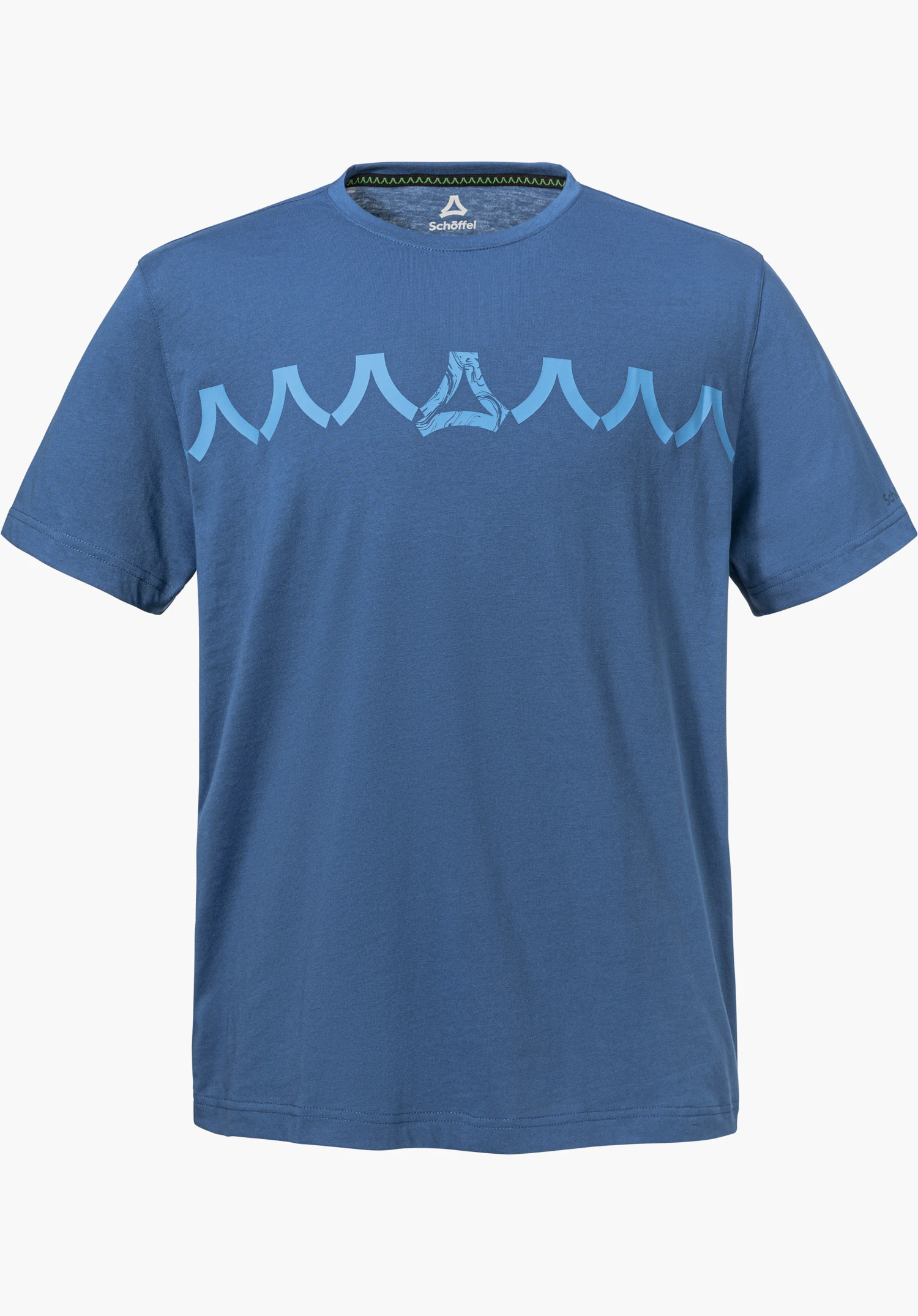 T Shirt Style Elmori MEN en bleu avec un imprimé graphique marquant et le logo Schöffel intégré sur la poitrine, détouré sur fond blanc.