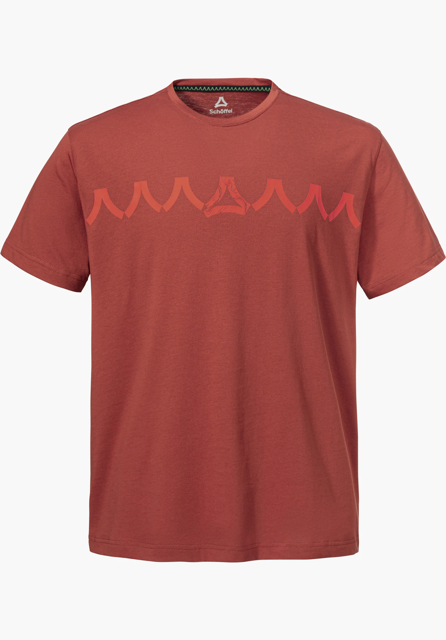 T Shirt Style Elmori MEN in red with a graphic print and the Schöffel logo on the chest, isolated on a white background.