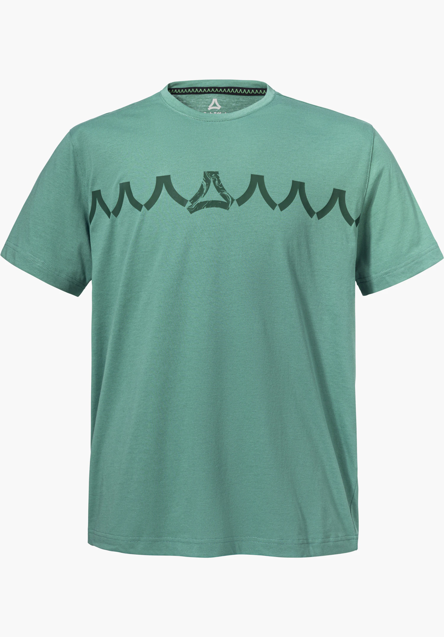 T Shirt Style Elmori MEN in green featuring a graphic pattern on the chest that incorporates the Schöffel logo, isolated on a white background.