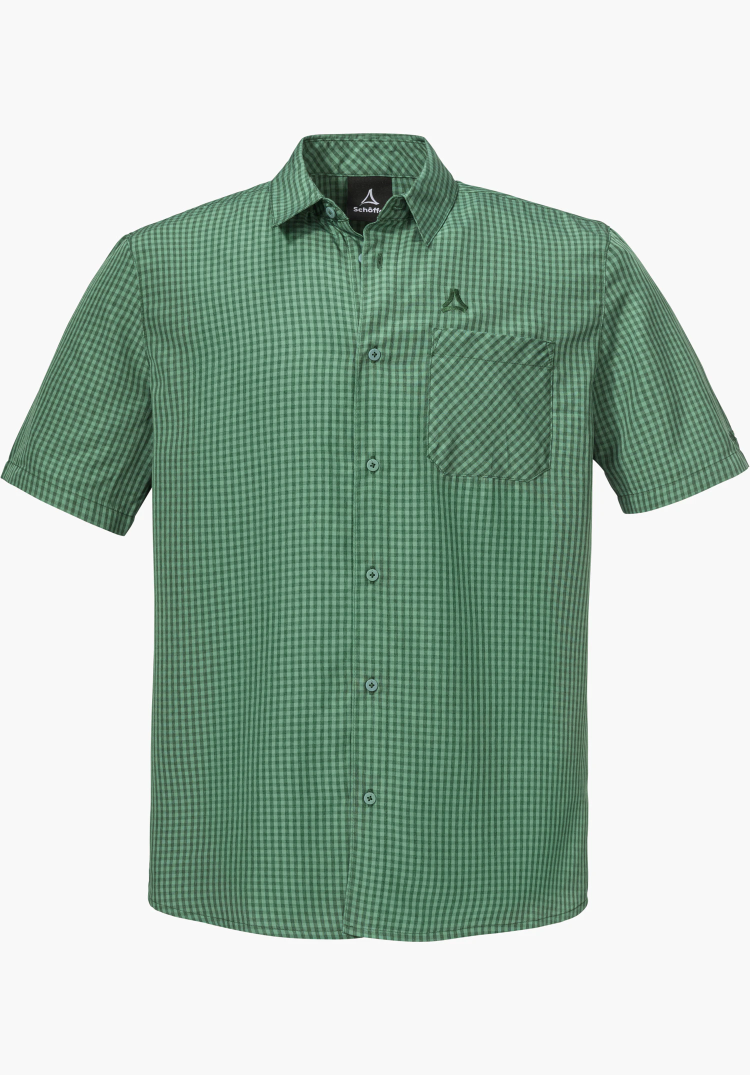 CIRC Shirt Style Dalfoss MEN as a green, short-sleeved checked shirt with a button placket, chest pocket and Schöffel logo, isolated against a white background.