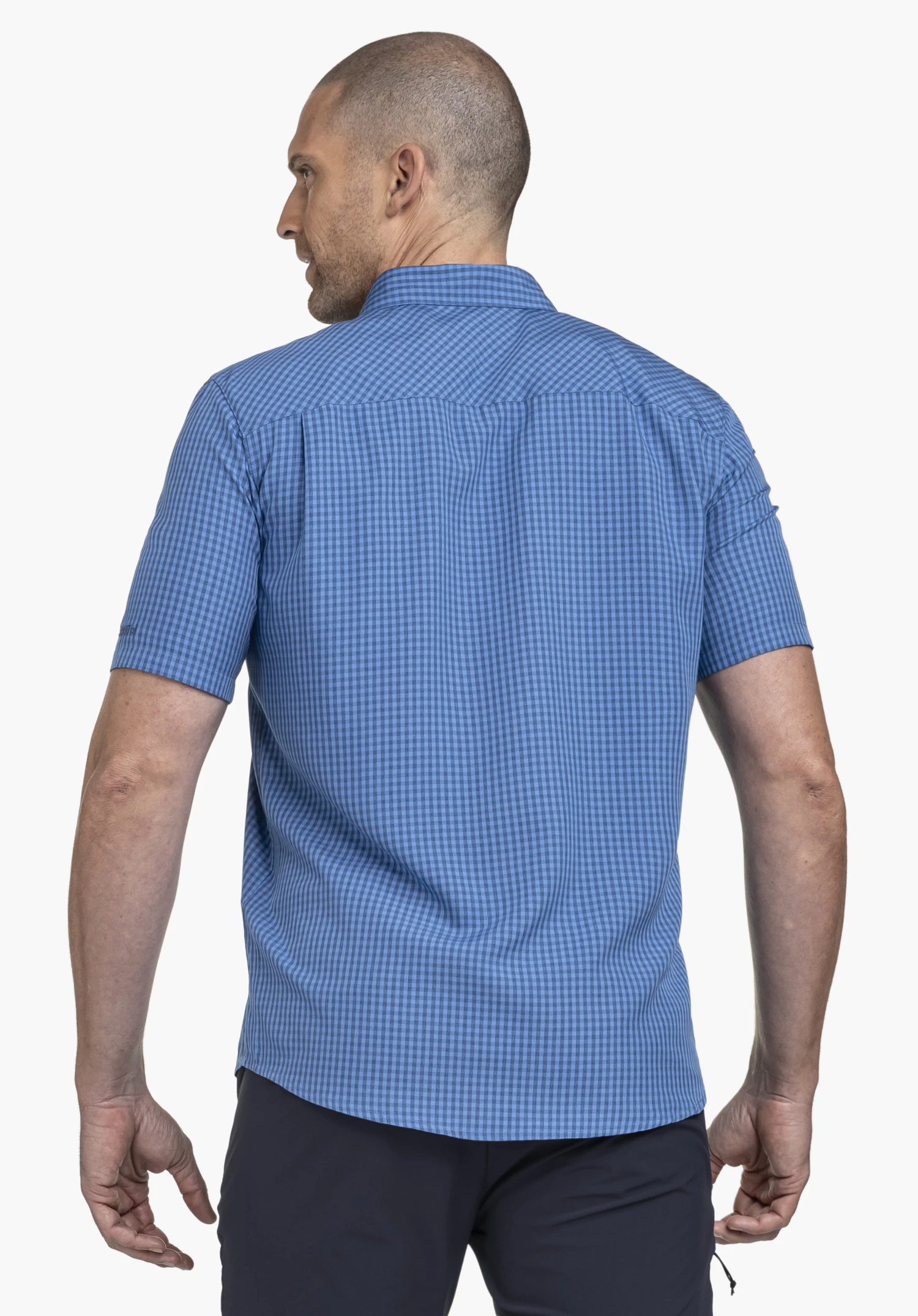 CIRC Shirt Style Dalfoss MEN in blue, shown in a rear view on a model with a visible Schöffel logo on the sleeve against a neutral background.