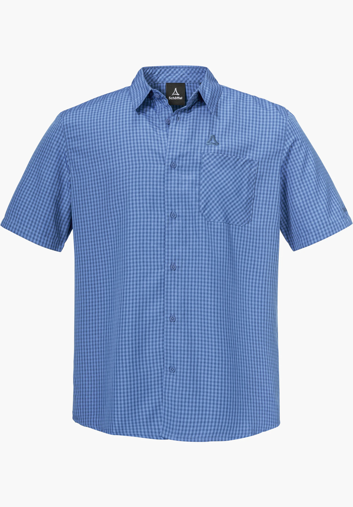 CIRC Shirt Style Dalfoss MEN as a short-sleeved, blue checked shirt with a full button placket, chest pocket and Schöffel logo, cut out against a white background.
