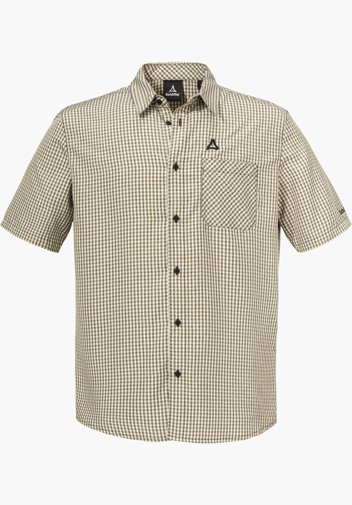 CIRC Shirt Style Dalfoss MEN als kurzärmeliges, kariertes Hemd mit schwarzen Details, einer durchgehenden Knopfleiste, Brusttasche und sichtbarem Schöffel-Logo, freigestellt vor weißem Hintergrund.