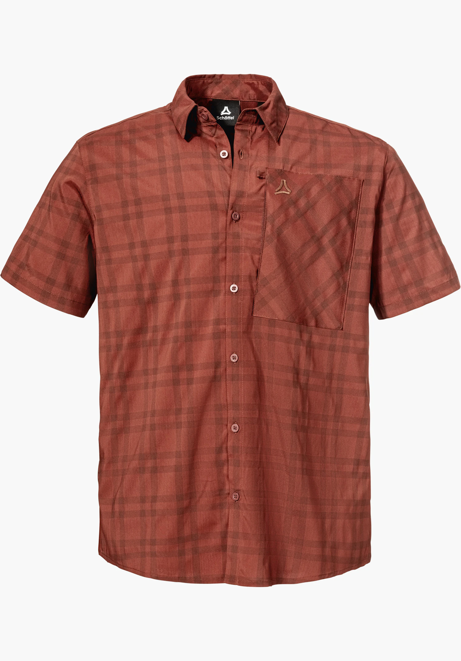Shirt Style Frolya MEN presents itself as a red, short-sleeved shirt with a subtle check pattern, chest pocket and Schöffel logo, isolated against a white background.