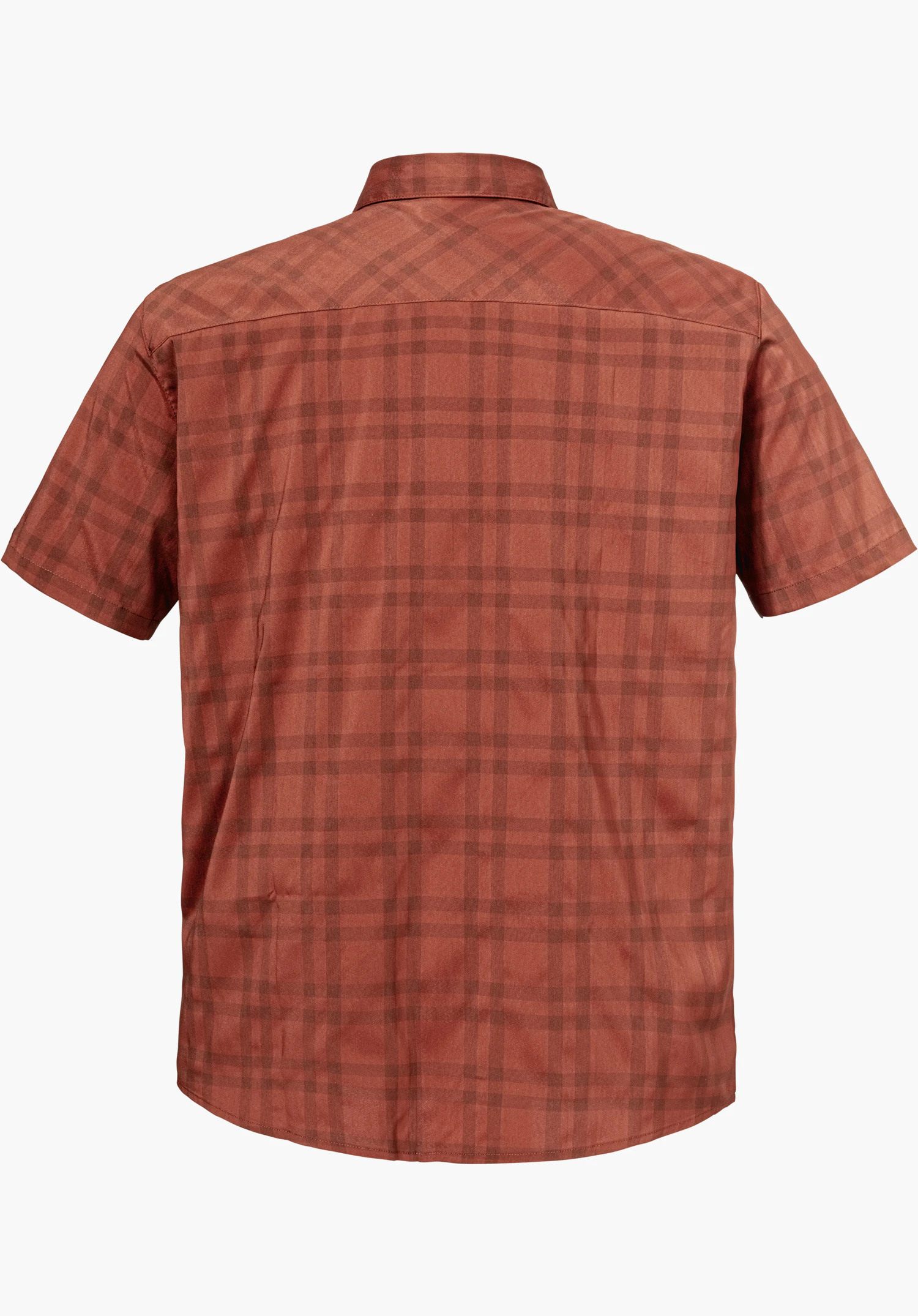 Shirt Style Frolya MEN shows the back of a red chequered short-sleeved shirt, isolated on a white background.