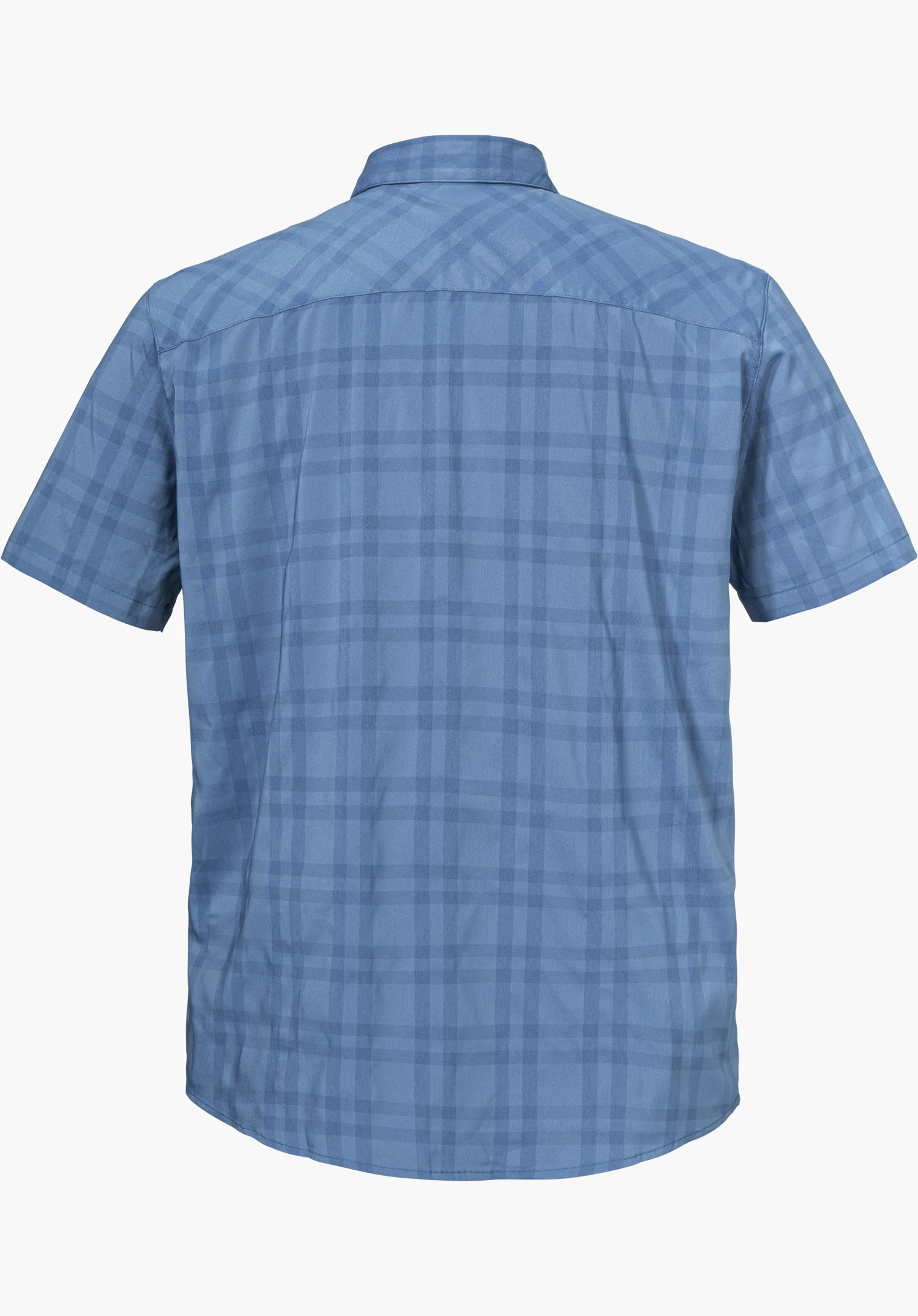 Shirt Style Frolya MEN is shown from the back as a blue, short-sleeved shirt with a subtle check pattern, isolated on a white background.