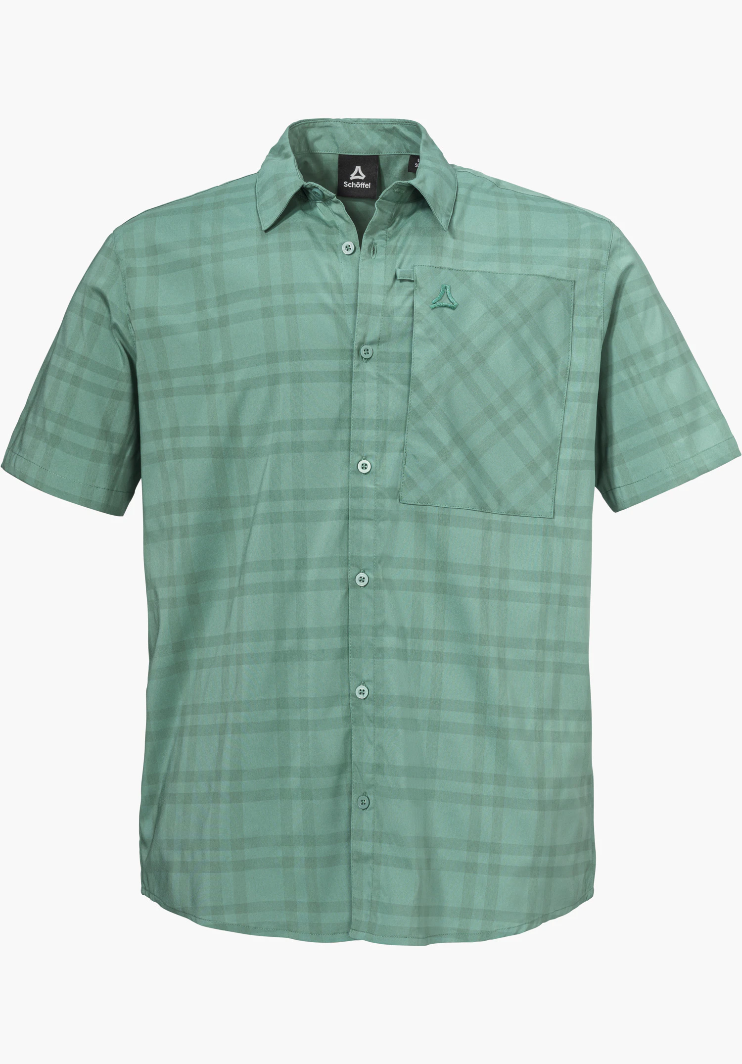 Shirt Style Frolya MEN as a green checked short-sleeved shirt with a button placket and a chest pocket featuring an embroidered Schöffel logo, isolated against a white background.