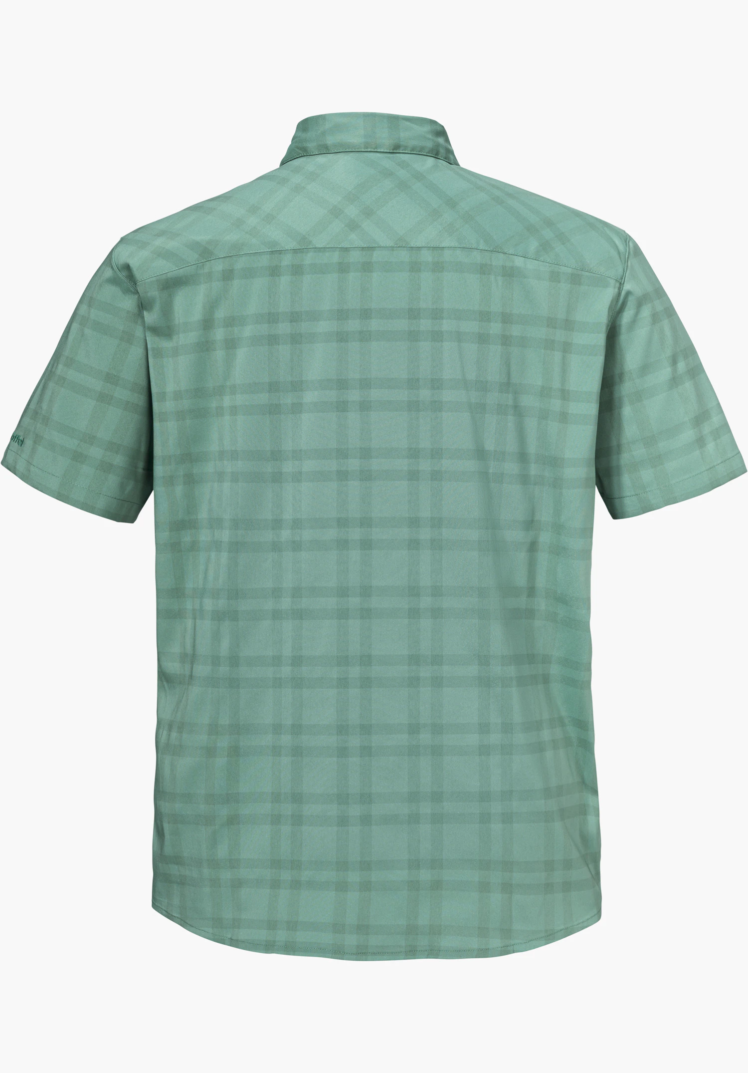 Shirt Style Frolya MEN in green, showing the back view of the short-sleeved checked shirt with the Schöffel logo on the left sleeve, isolated against a white background.