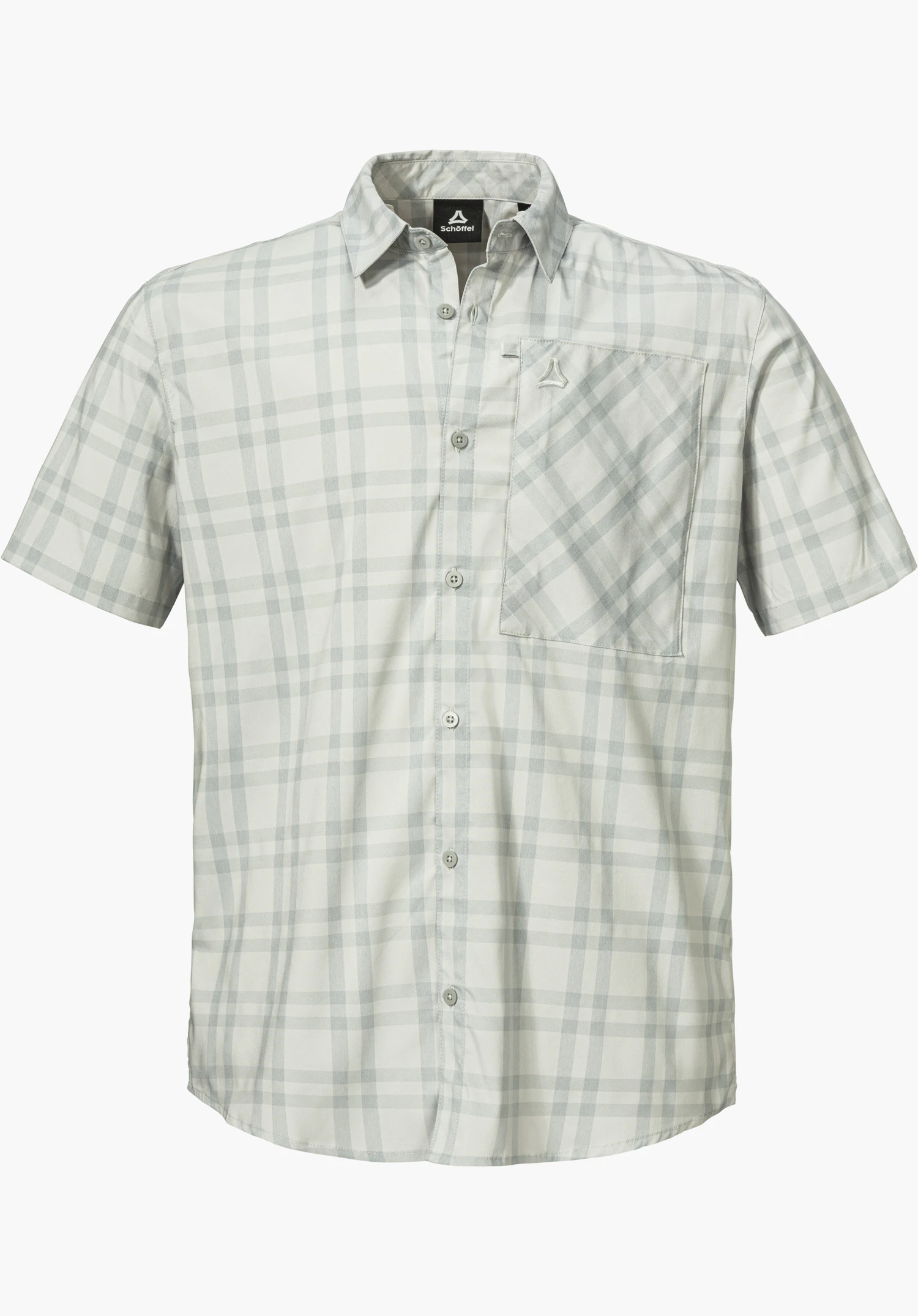 Shirt Style Frolya MEN en gris avec un motif à carreaux, des manches courtes, une patte de boutonnage complète et une poche poitrine avec le logo Schöffel, détouré sur fond blanc.