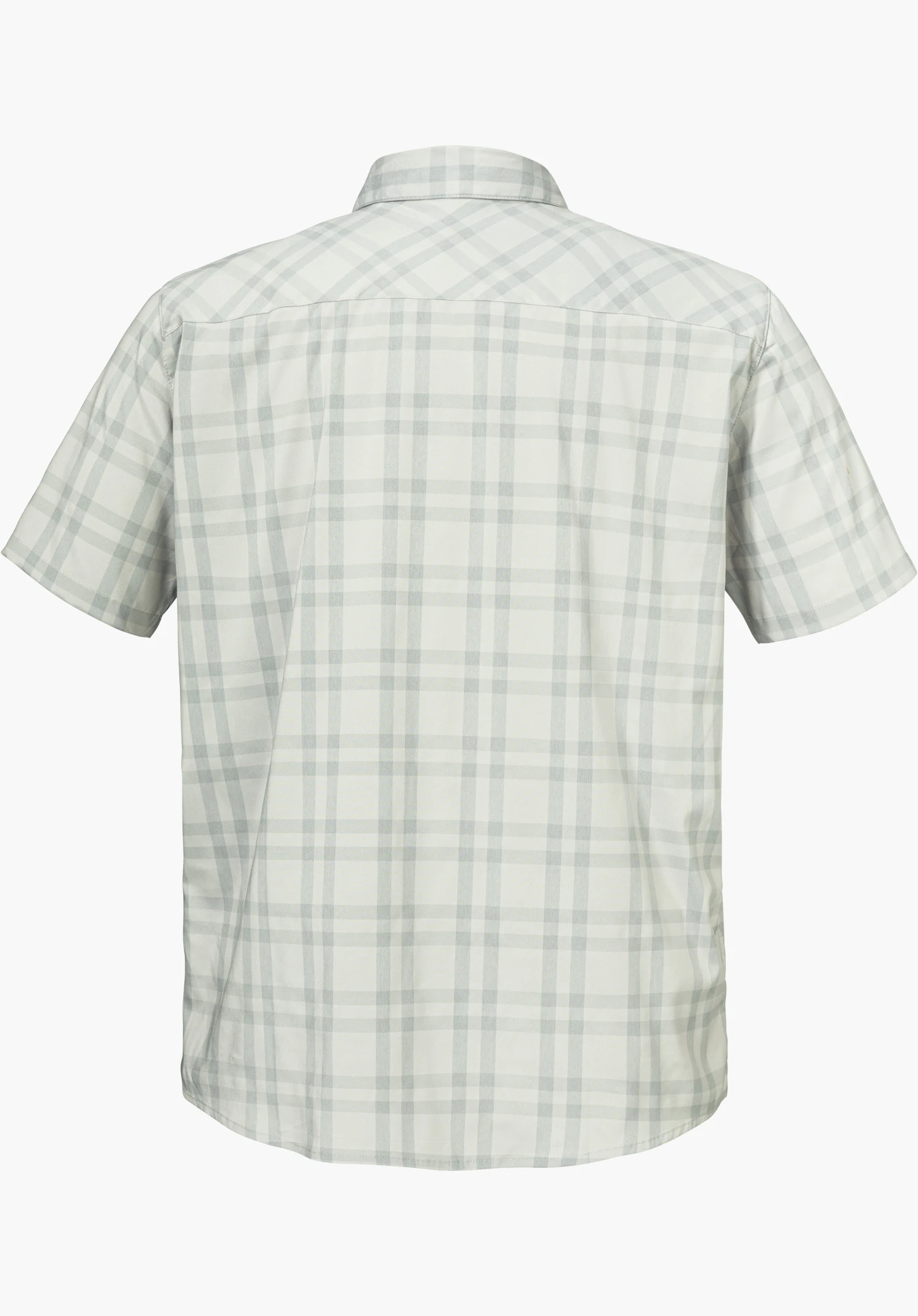 Shirt Style Frolya MEN en tant que chemise à manches courtes à carreaux gris vue de dos, détourée sur fond blanc.