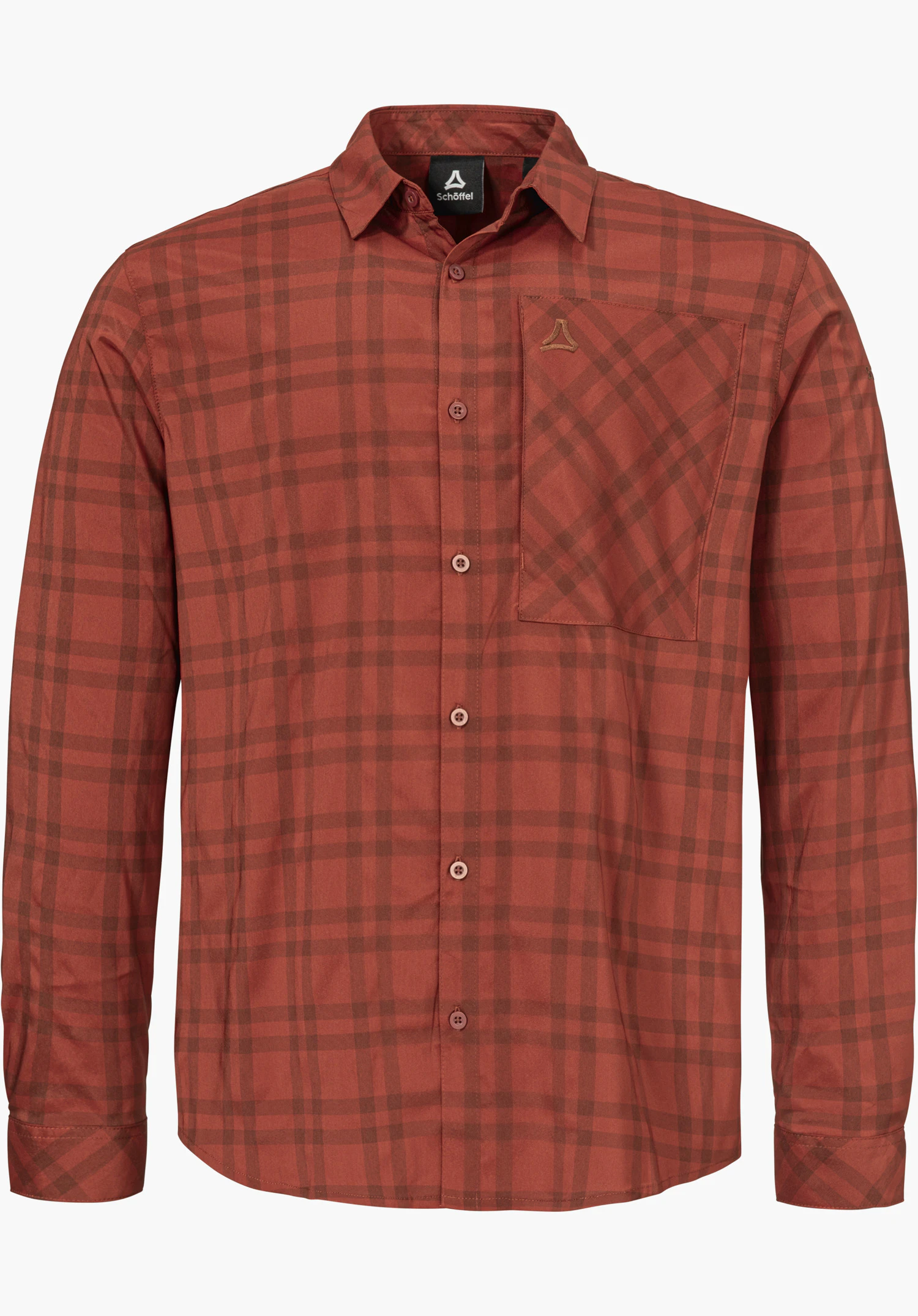 Shirt Style Fraris MEN sous forme de chemise à manches longues à carreaux rouge avec patte de boutonnage complète, poche poitrine plaquée et un petit logo Schöffel, détouré sur fond blanc.