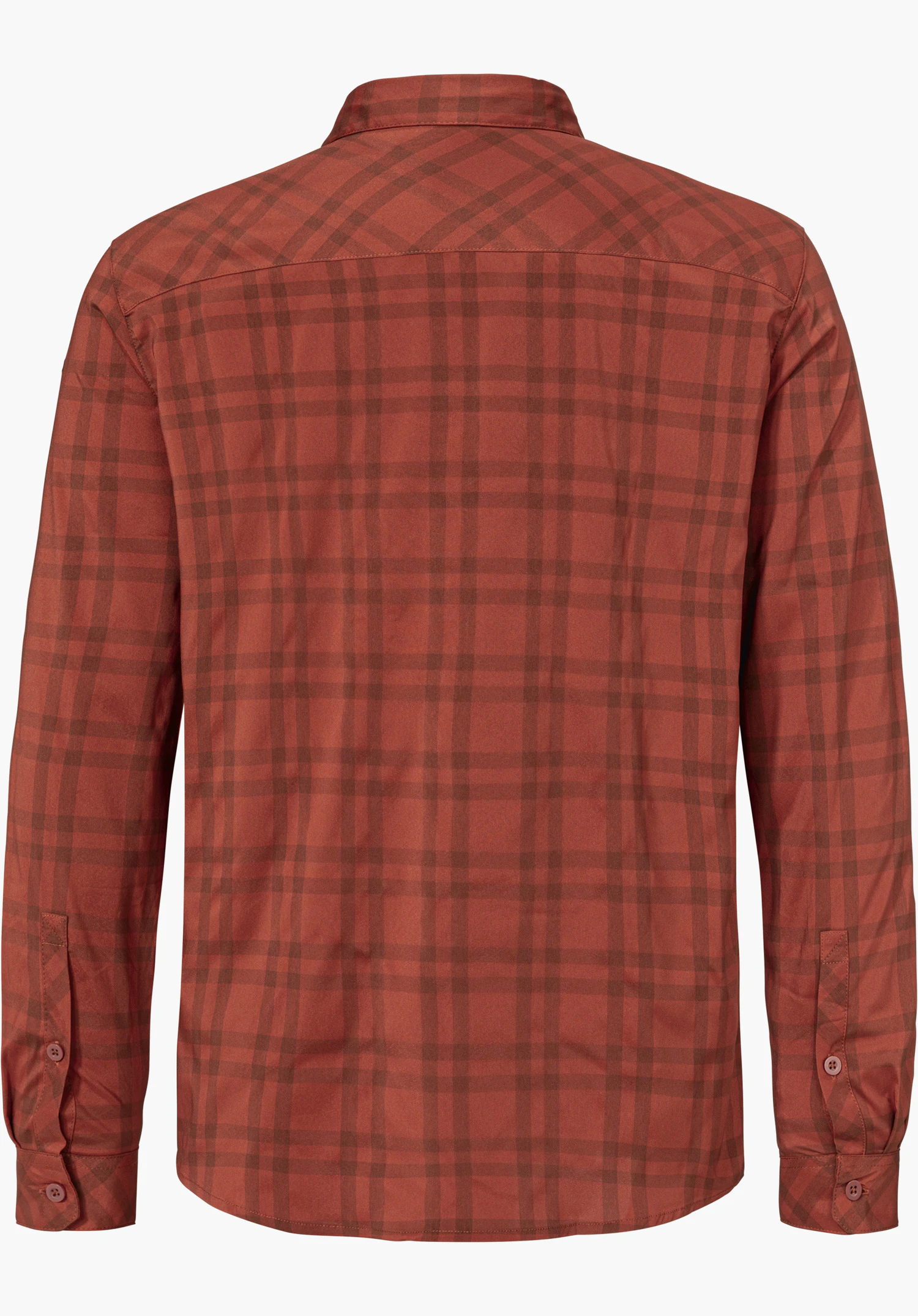 Shirt Style Fraris MEN is shown as a red checked long-sleeved shirt in the back view, isolated against a white background.