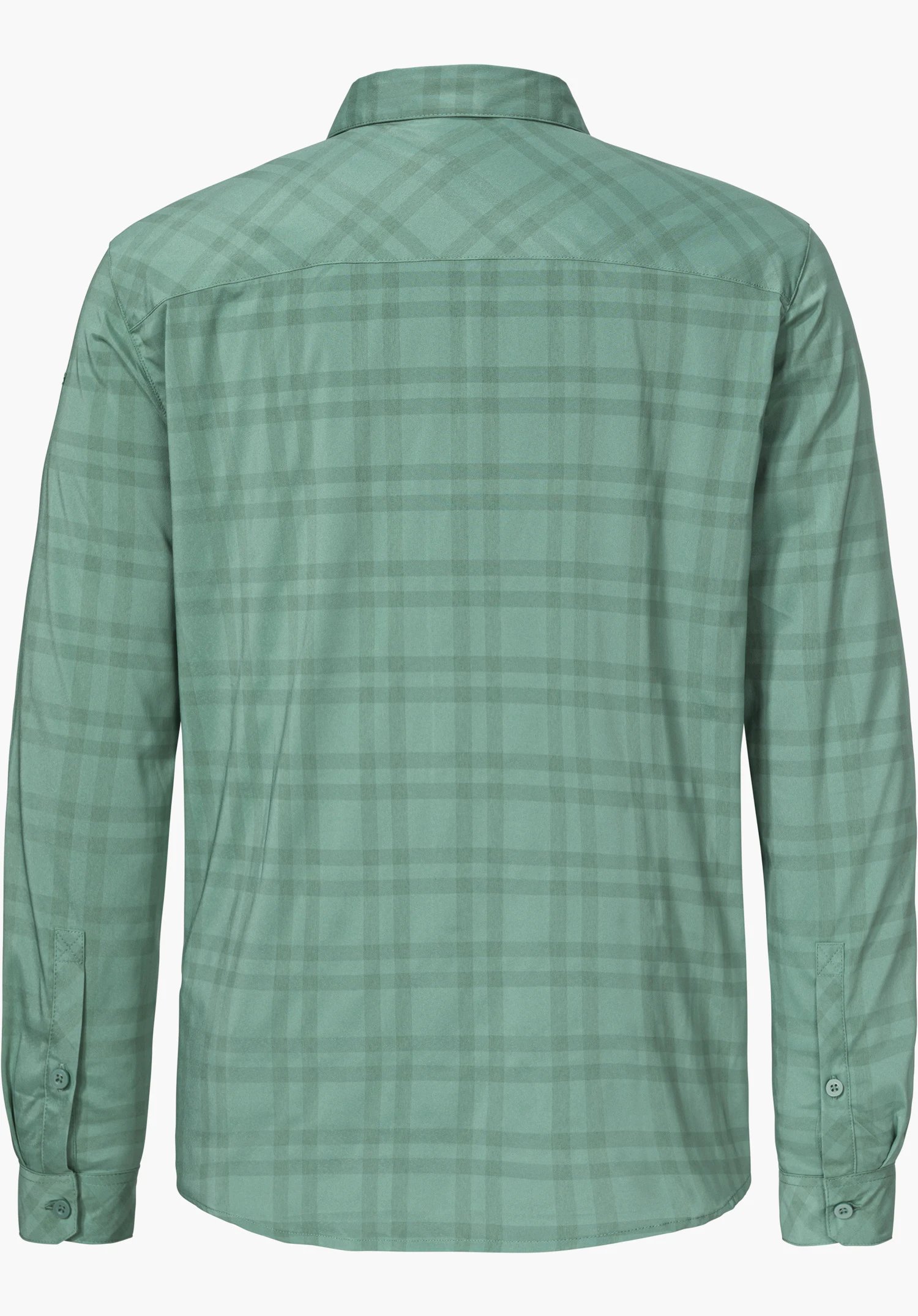 Shirt Style Fraris MEN in Grün wird von der Rückseite gezeigt, ein langärmeliges Hemd mit feinem Karomuster, freigestellt vor weißem Hintergrund.