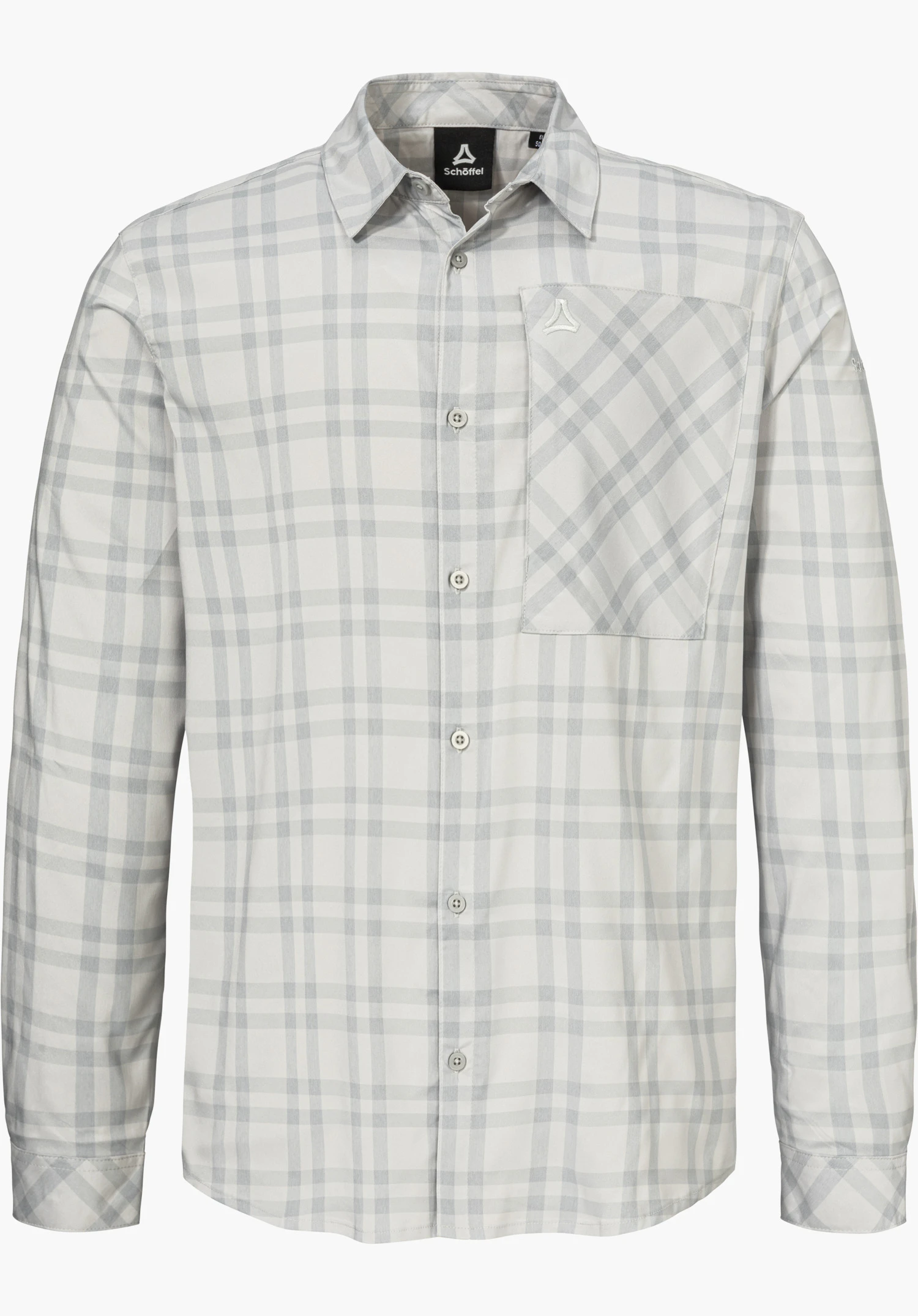 Shirt Style Fraris MEN comme chemise à manches longues à carreaux gris avec une poche poitrine et un Schöffel-Logo, détourée sur fond blanc.