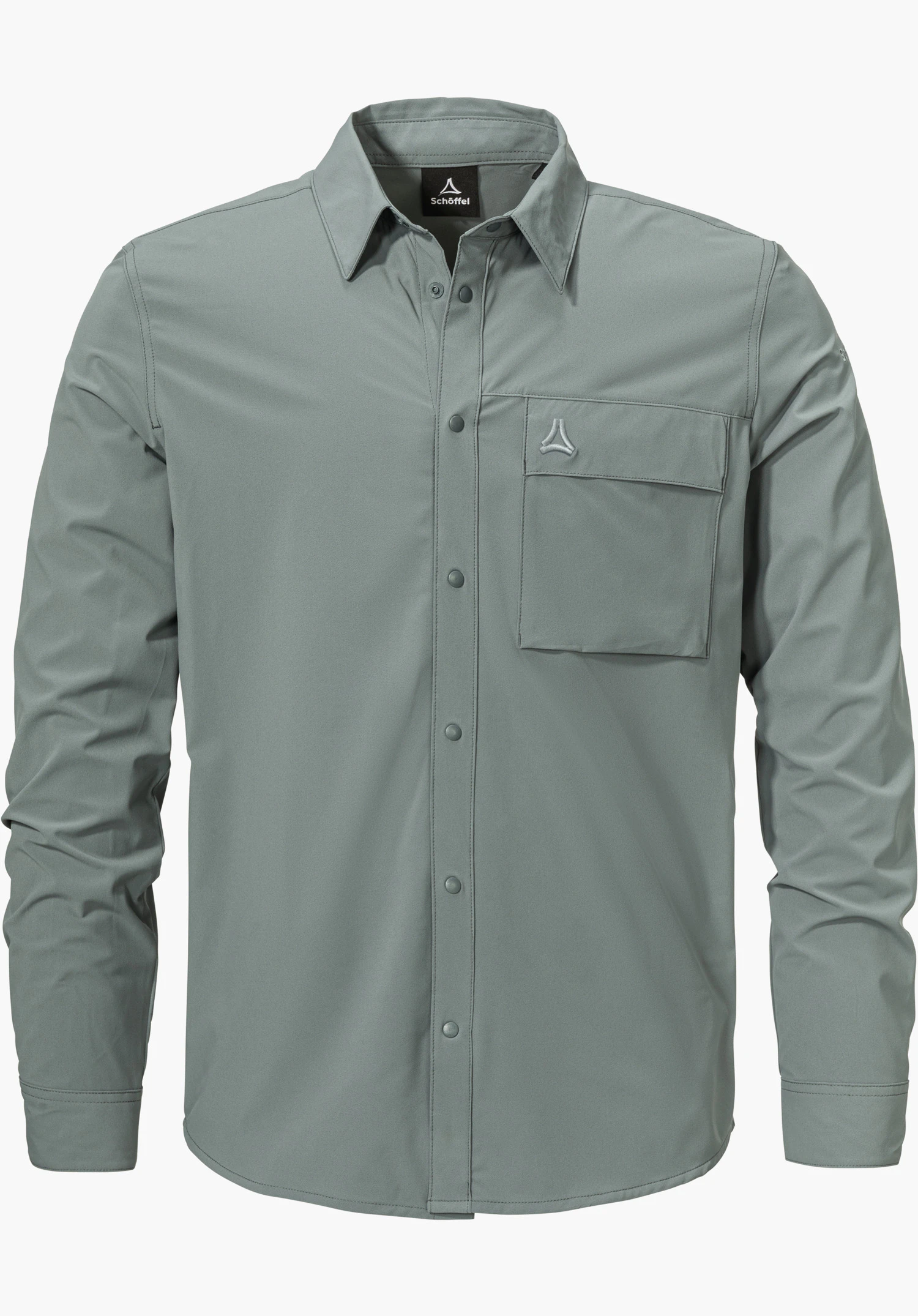 Shirt Style Dunajec MEN as a grey long-sleeved shirt with a full-length button placket, chest pocket and Schöffel logo, isolated on a white background.