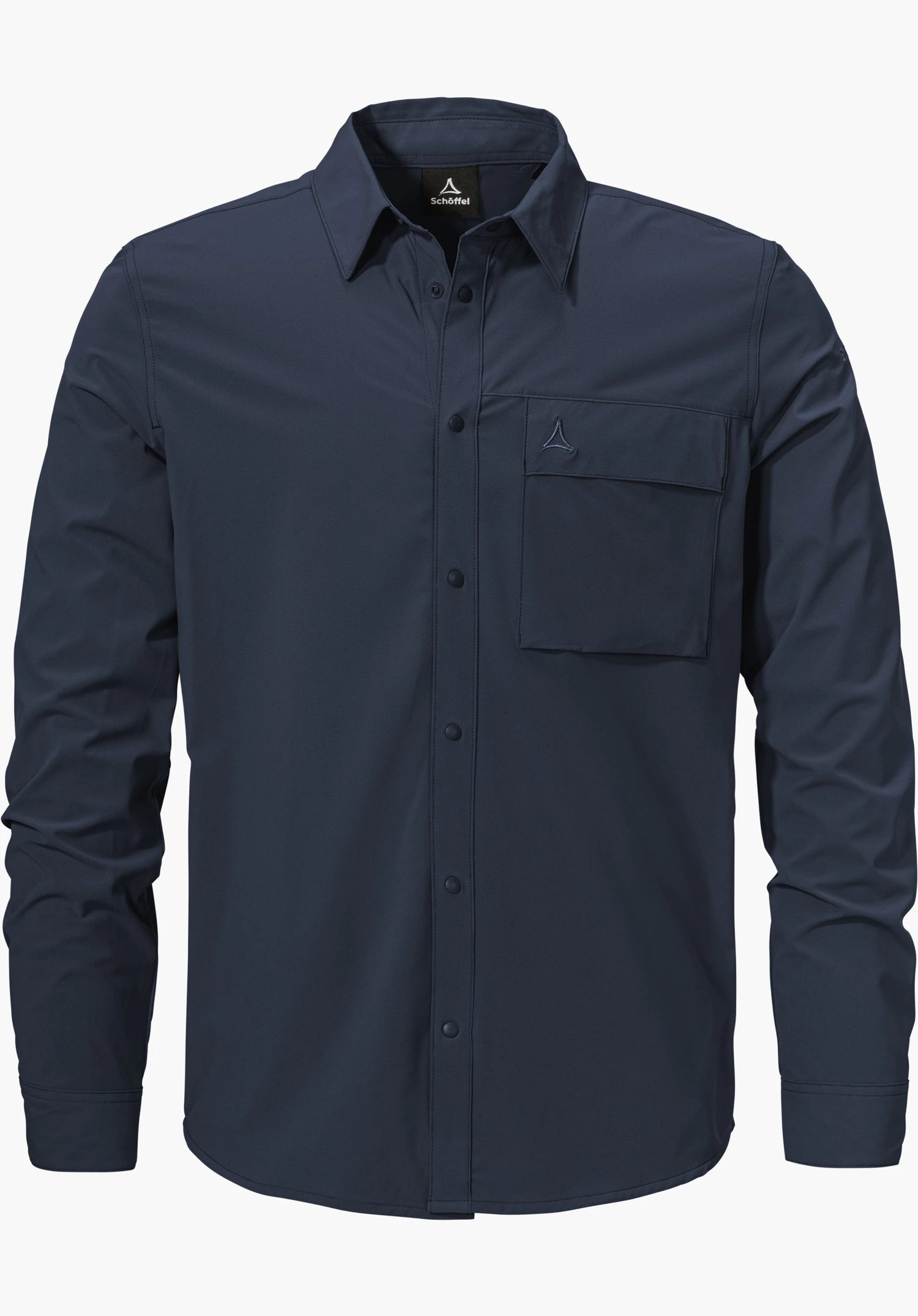 Shirt Style Dunajec MEN, une chemise à manches longues bleue avec une patte de boutonnage complète et une poche poitrine avec le logo Schöffel, détourée sur fond blanc.