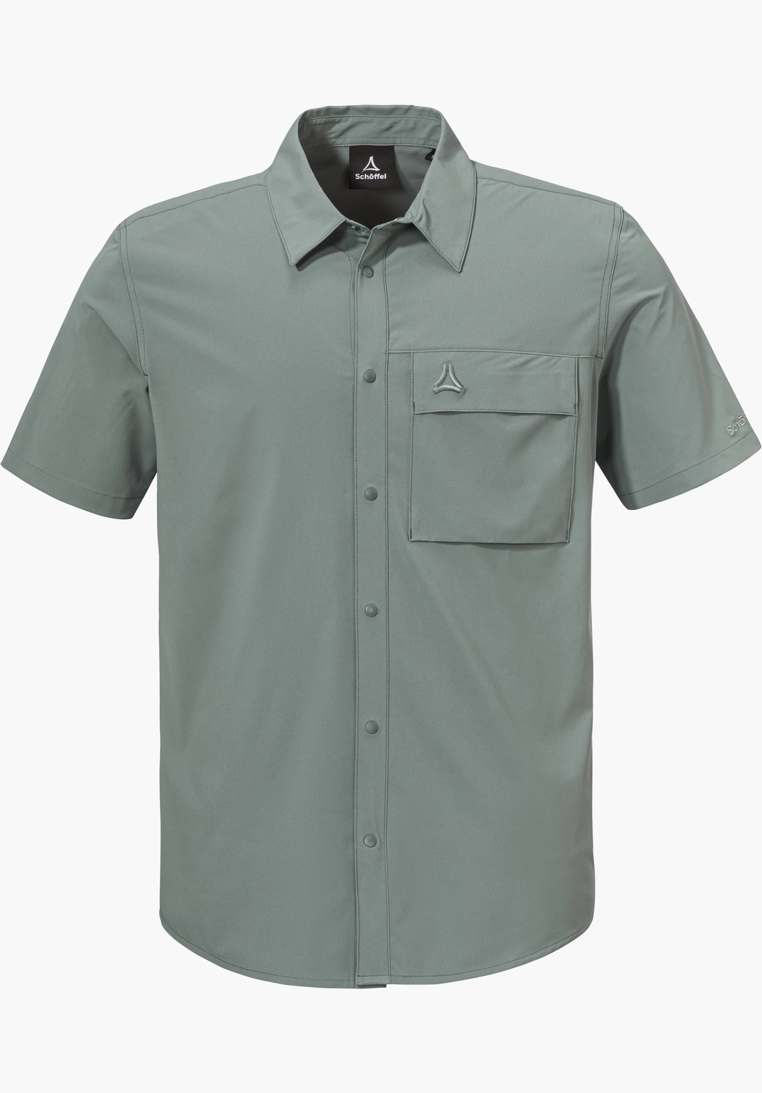 Shirt Style Dooser MEN as a short-sleeved, grey shirt with a button placket, chest pocket and visible Schöffel logo, isolated on a white background.