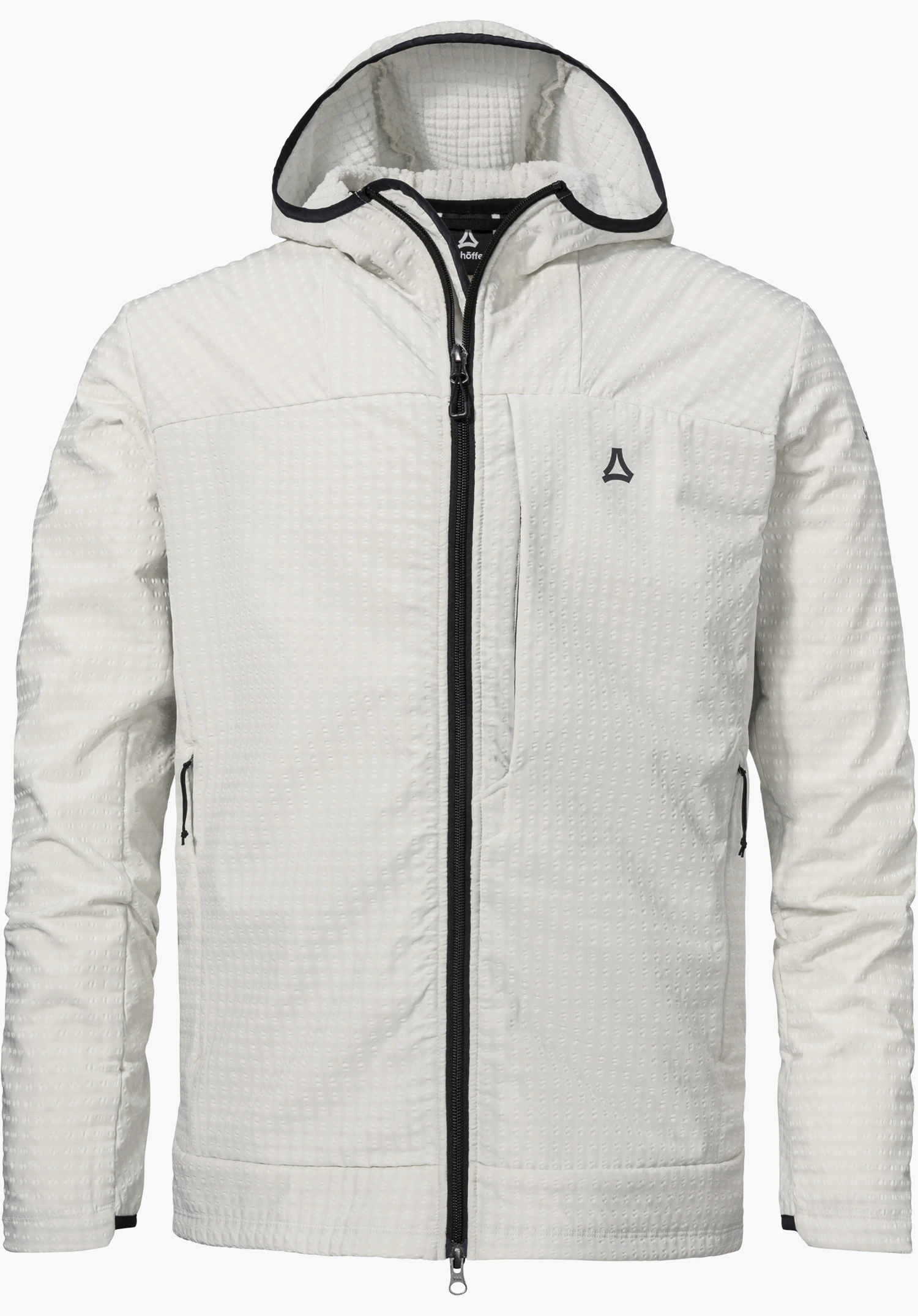 Fleece Hoody Style Enixa MEN in der Farbe Natur mit schwarzem, durchgehendem Reißverschluss, einer Kapuze und dem Schöffel-Logo auf der linken Brust, freigestellt vor weißem Hintergrund.
