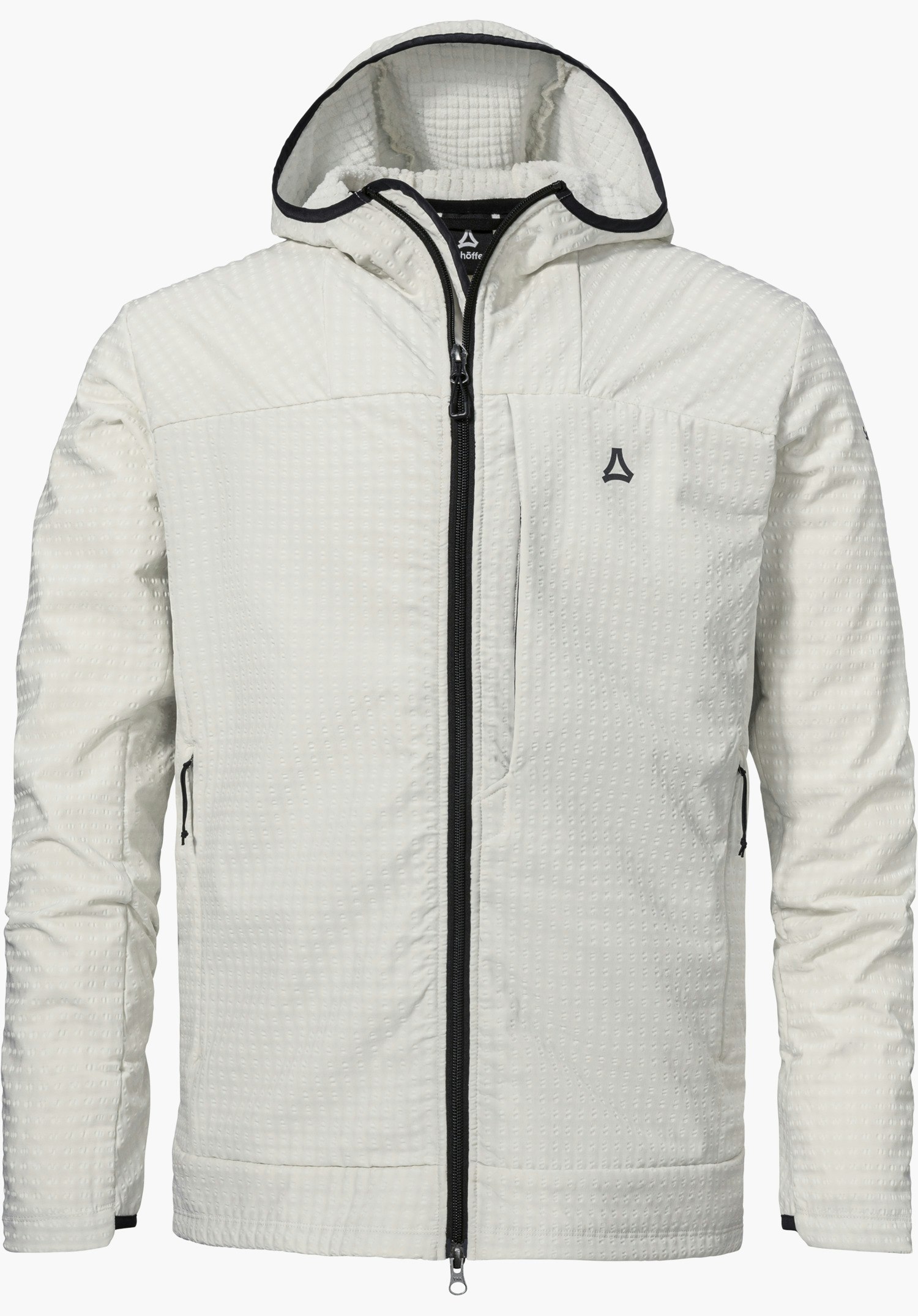 Fleece Hoody Style Enixa MEN in der Farbe Natur mit schwarzem, durchgehendem Reißverschluss, einer Kapuze und dem Schöffel-Logo auf der linken Brust, freigestellt vor weißem Hintergrund.