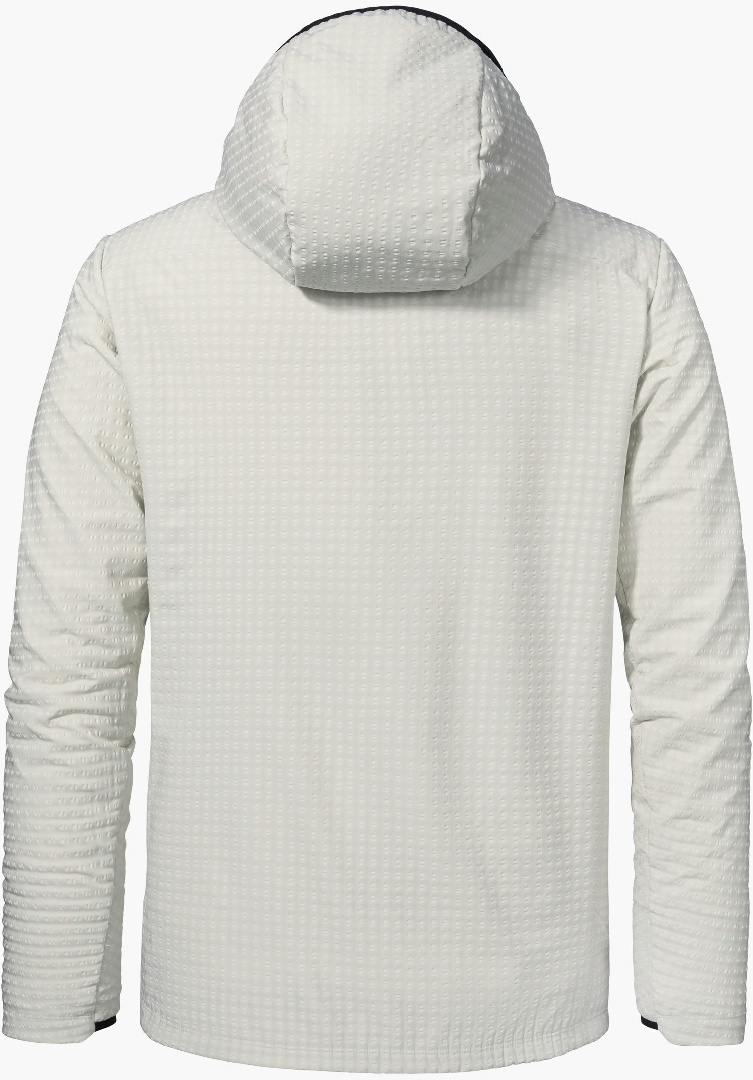 Fleece Hoody Style Enixa MEN in der Farbe Natur, gezeigt in der Rückansicht mit aufgesetzter Kapuze und markanter Waffelstruktur, freigestellt vor weißem Hintergrund.