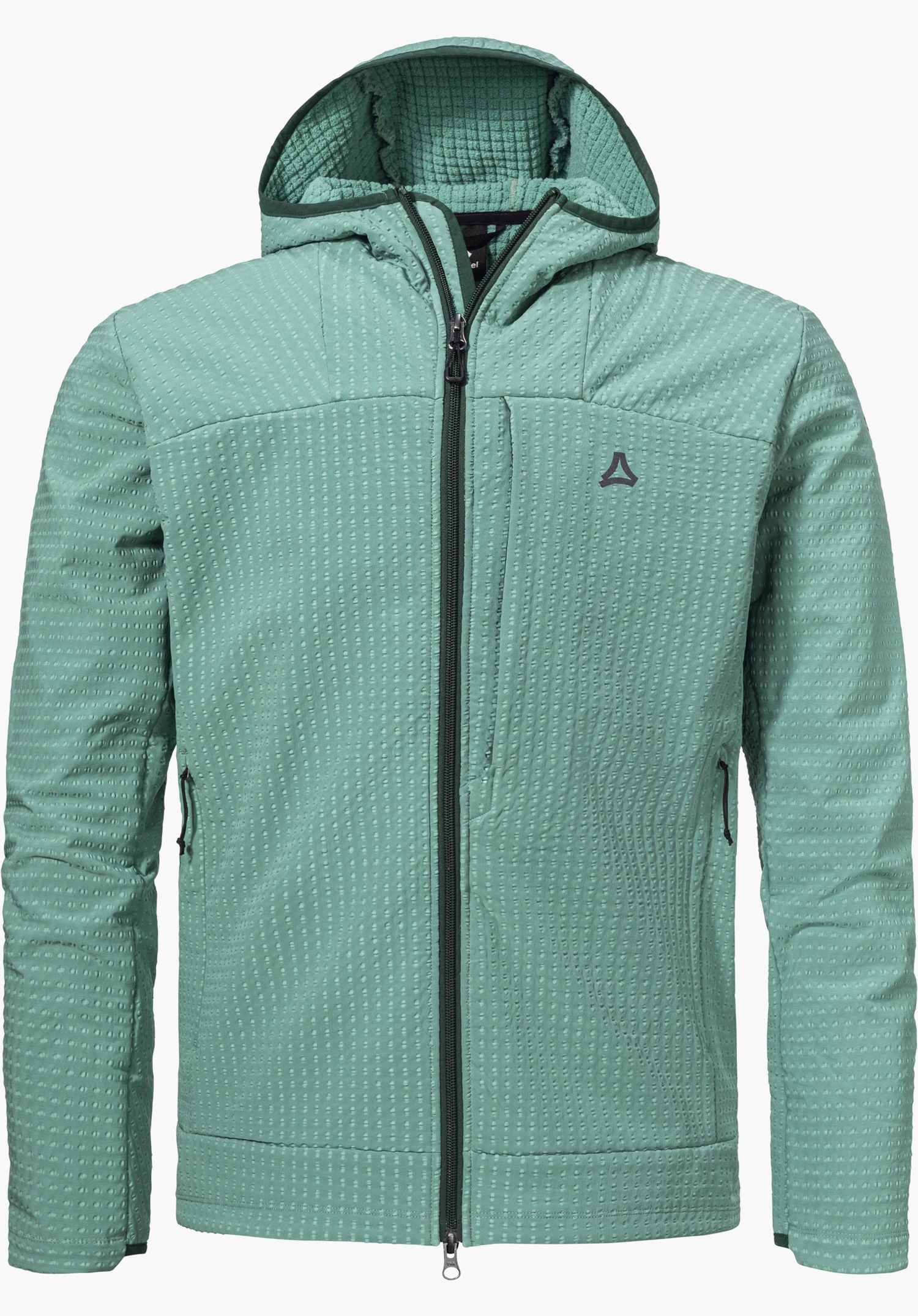 Fleece Hoody Style Enixa MEN de couleur verte en vue de face, avec une fermeture zippée intégrale, une capuche, une surface texturée et le logo Schöffel visible sur la poitrine gauche, détouré sur fond blanc.