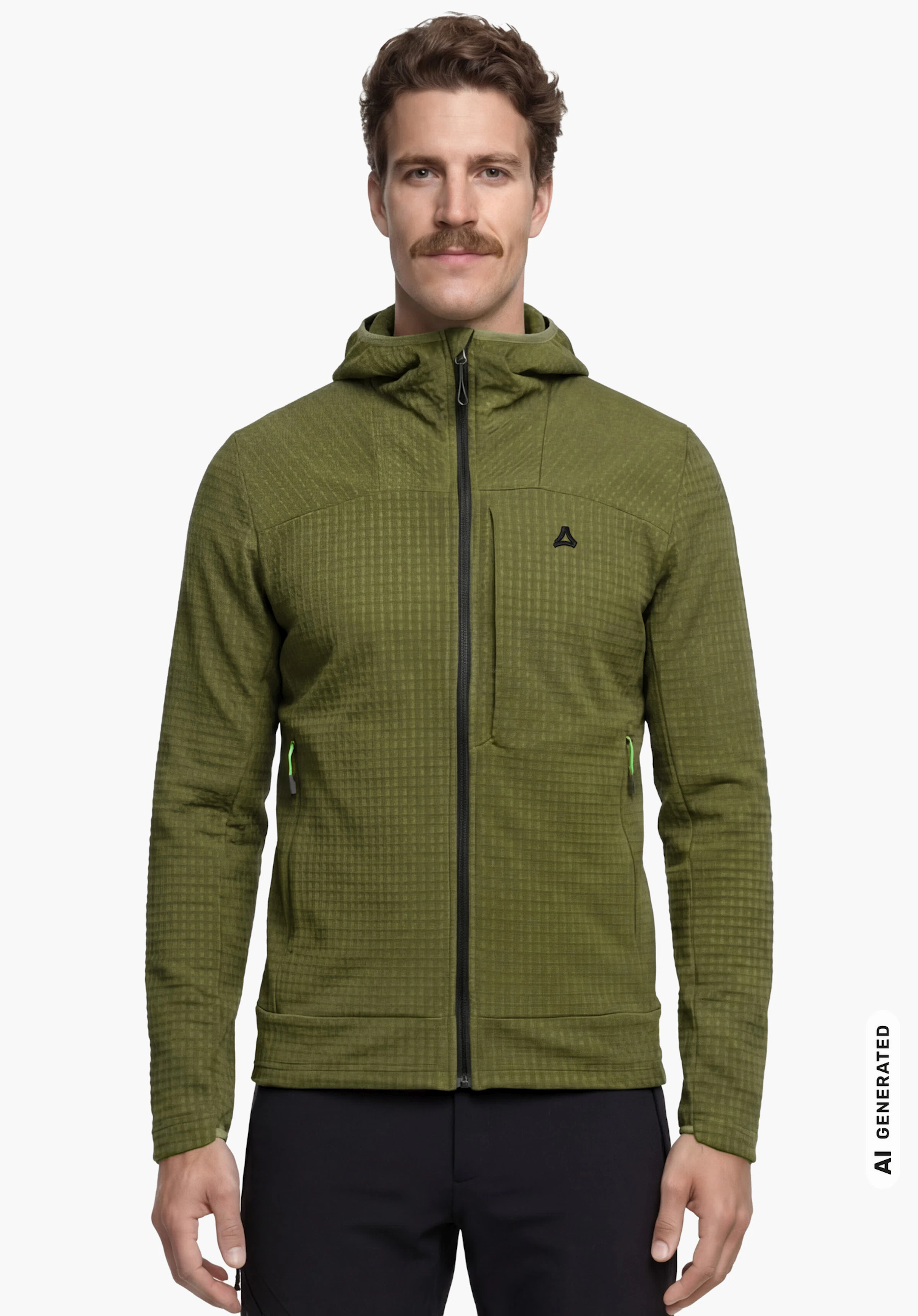 Fleece Hoody Style Enixa MEN en vert avec logo Schöffel, porté par un mannequin homme debout bien droit de face les bras le long du corps sur fond blanc. (Généré par IA)