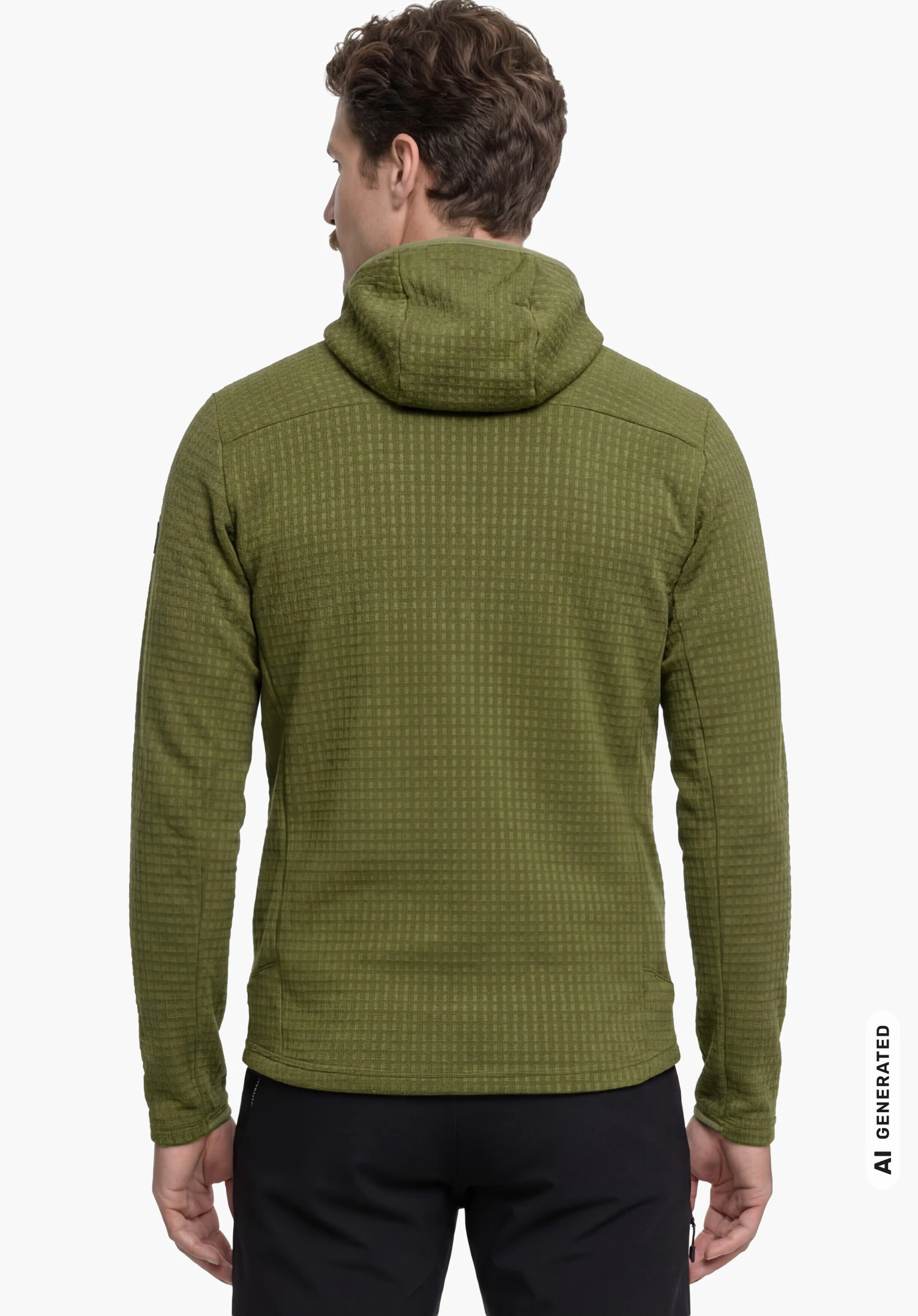 Fleece Hoody Style Enixa MEN in green, worn by a male model standing upright and shown from the back with the hood down against a white background. (AI-generated)