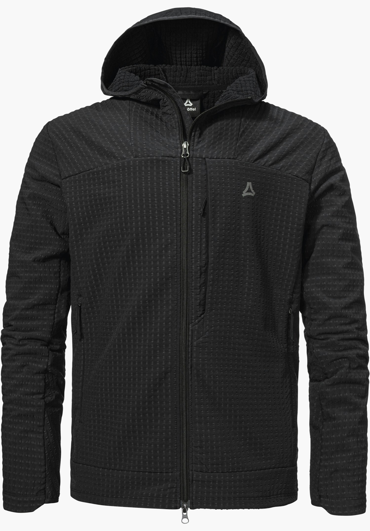 Fleece Hoody Style Enixa MEN sous forme de veste noire avec capuche, fermeture éclair frontale et logo Schöffel visible sur la poitrine gauche, isolé sur fond blanc.