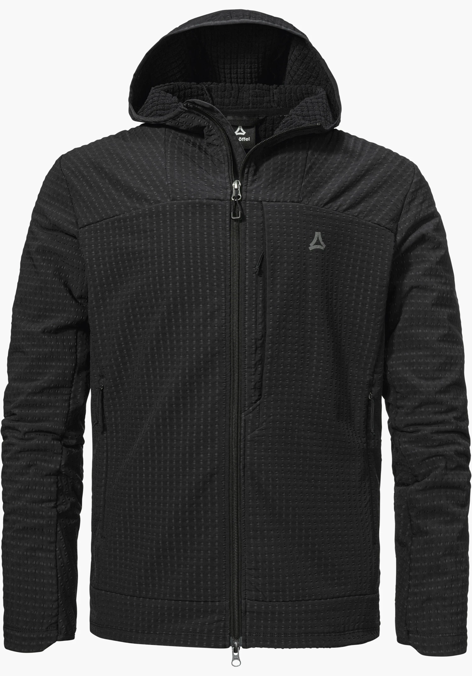 Fleece Hoody Style Enixa MEN as a black jacket with a hood, front zip and a visible Schöffel logo on the left chest, isolated on a white background.