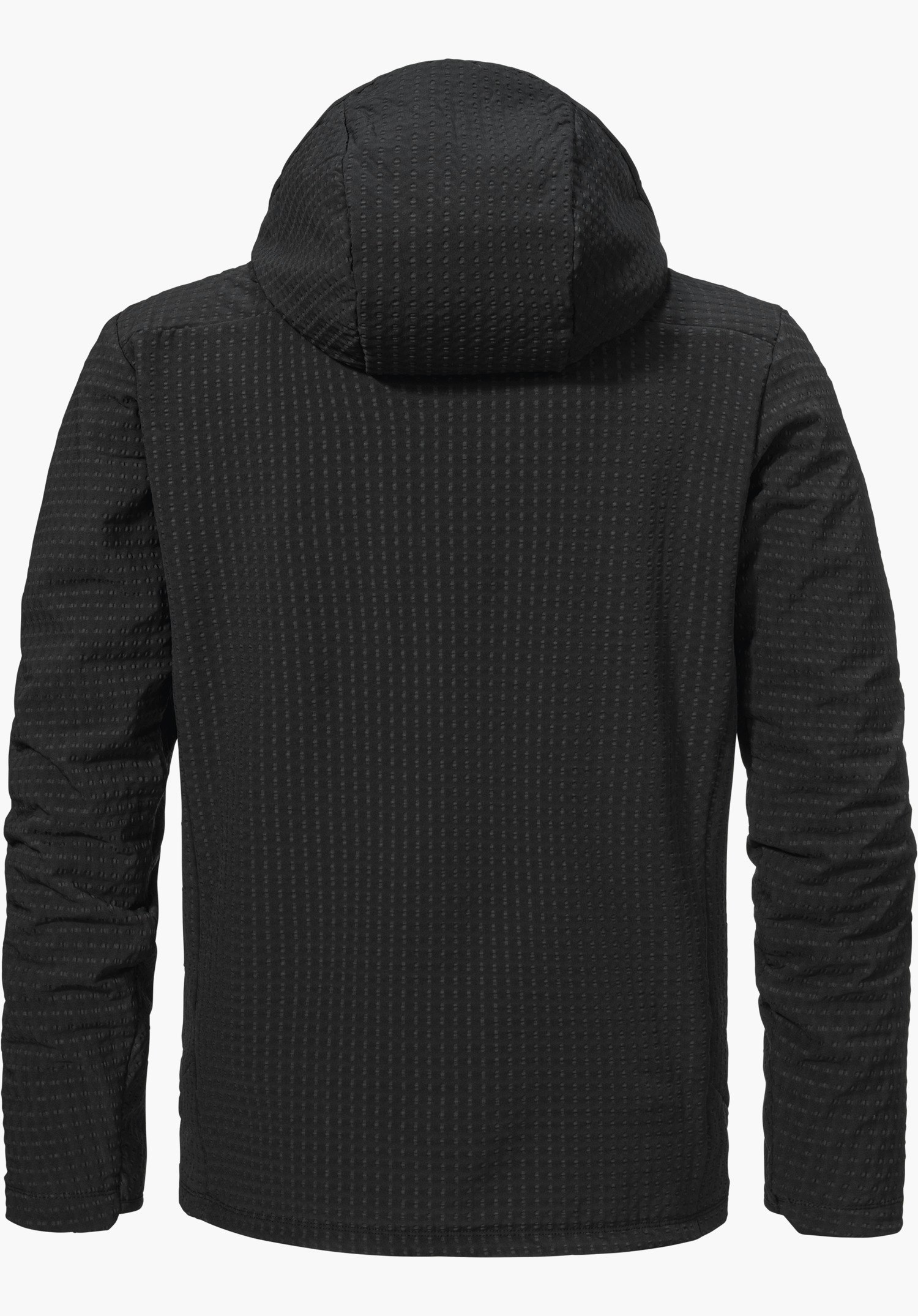 Fleece Hoody Style Enixa MEN in black in the back view with hood and fine waffle texture, isolated against a white background.
