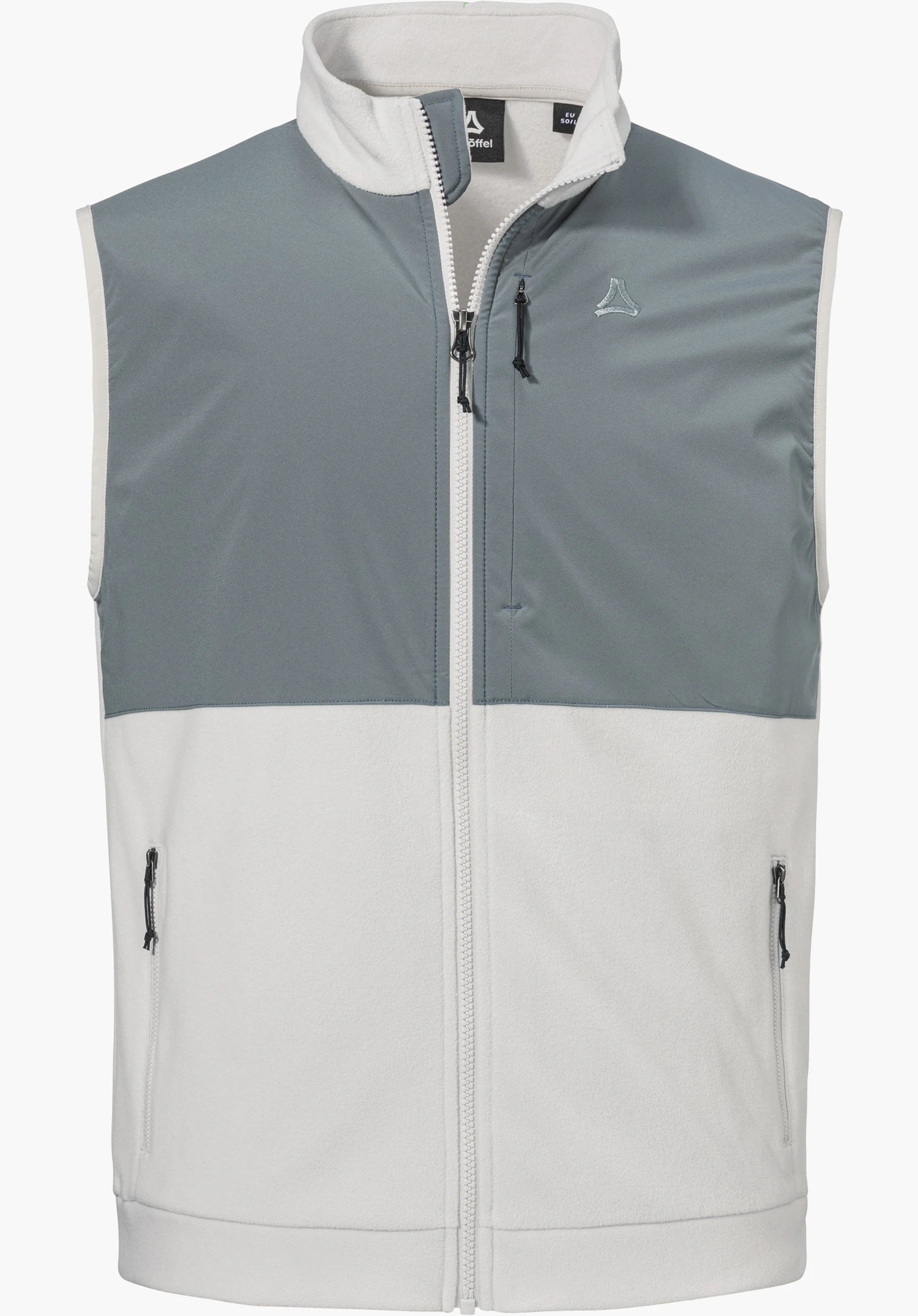 Fleece Vt Style Ash MEN as a two-tone grey fleece gilet with a front zip, zipped side pockets, a chest pocket and a visible Schöffel-Logo, isolated against a white background.