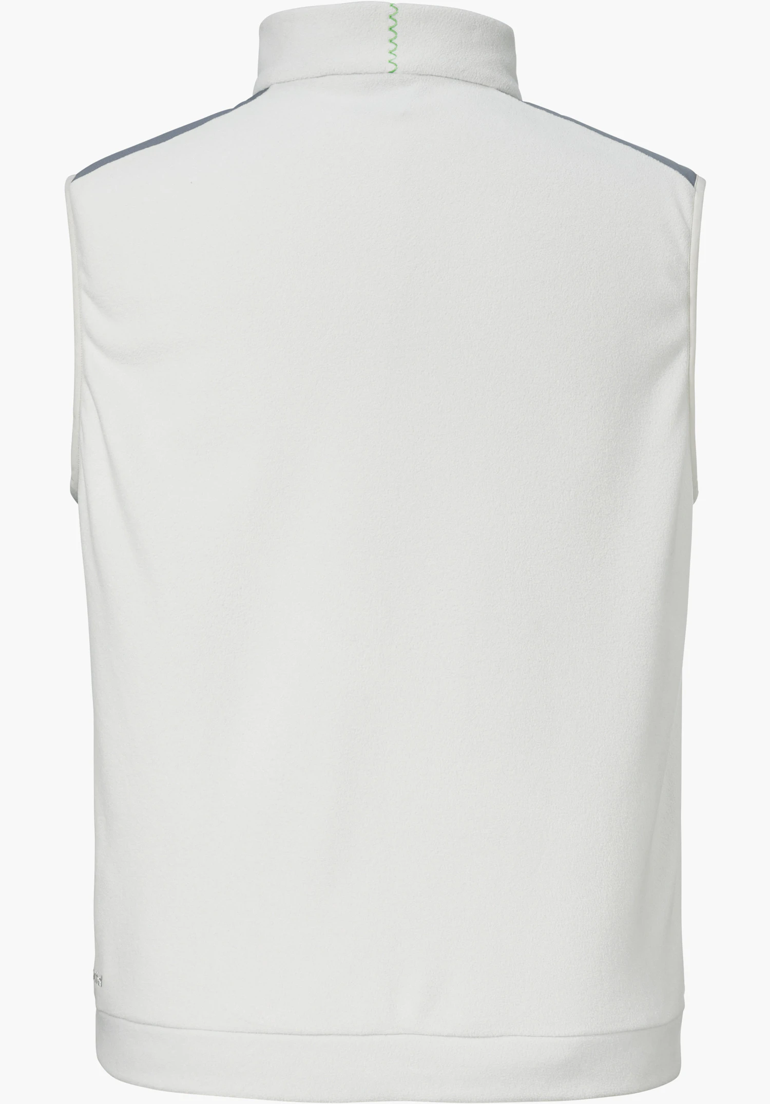 Fleece Vt Style Ash MEN shows the back view of the grey gilet with green stitching on the collar, isolated on a white background.