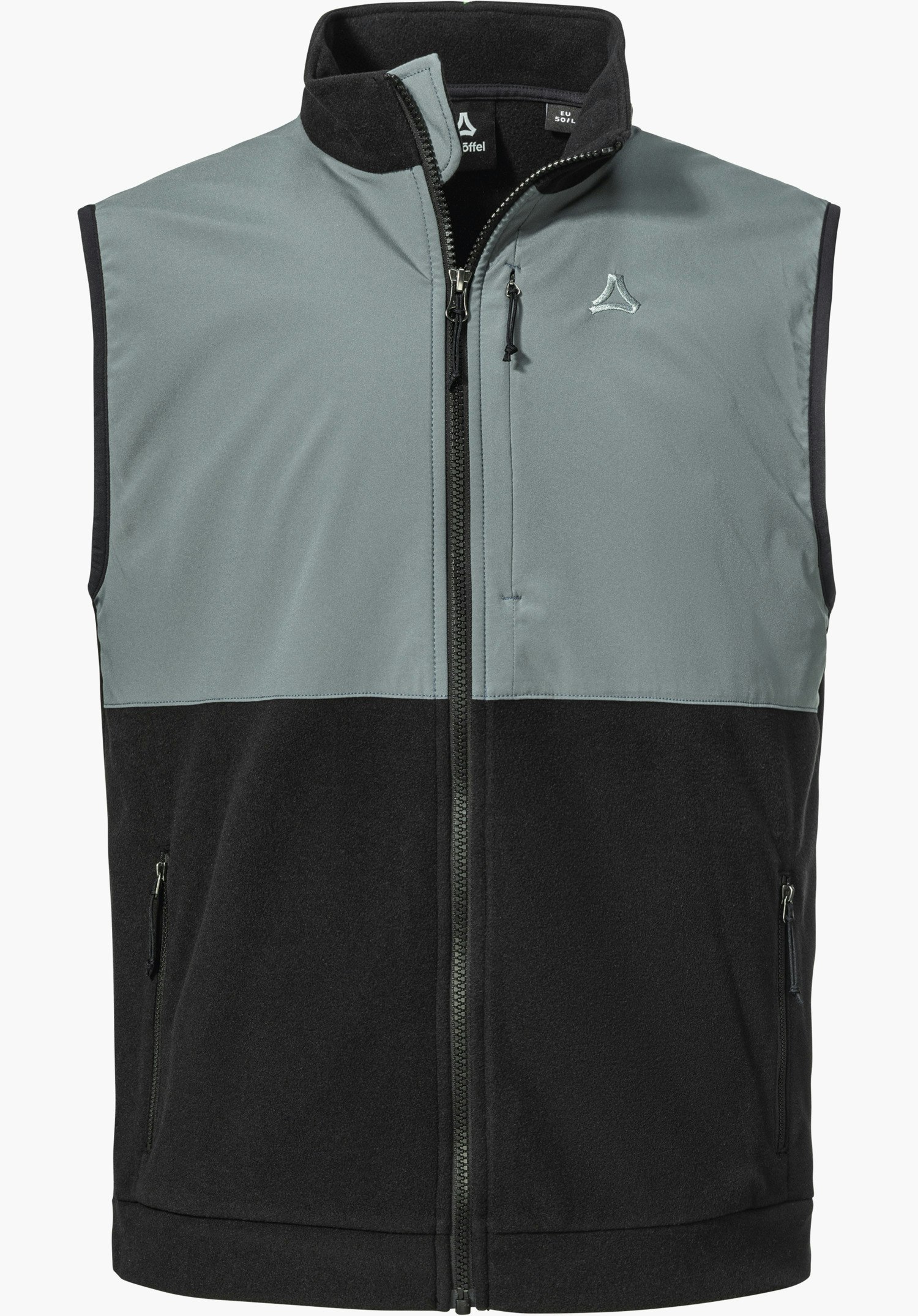 Fleece Vt Style Ash MEN als Weste in schwarz mit grauer Brustpartie und sichtbarem Schöffel-Logo, freigestellt vor weißem Hintergrund.