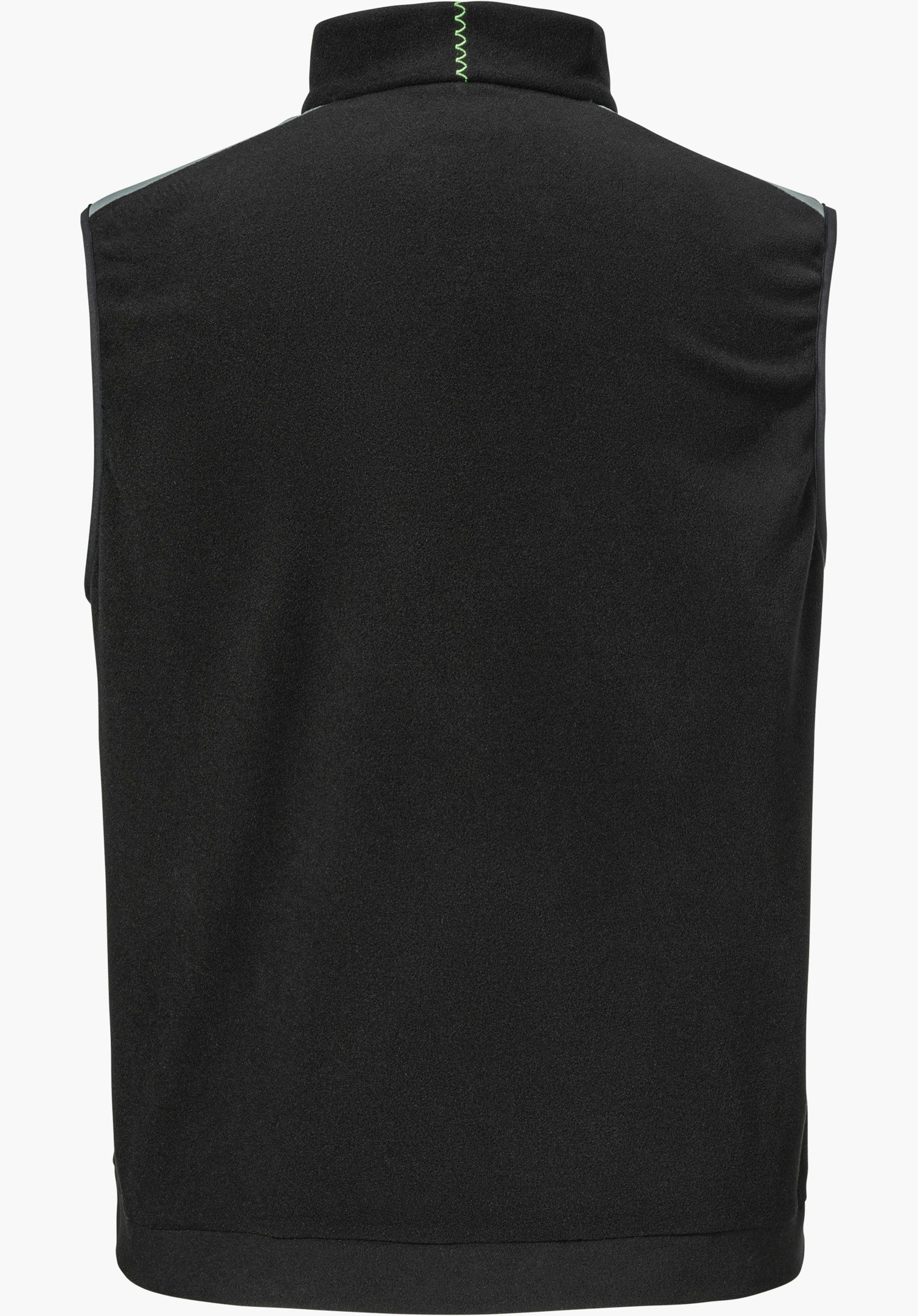 Fleece Vt Style Ash MEN zeigt die Rückseite der schwarzen Fleeceweste mit einer grünen Zickzack-Naht am Kragen, freigestellt vor weißem Hintergrund.
