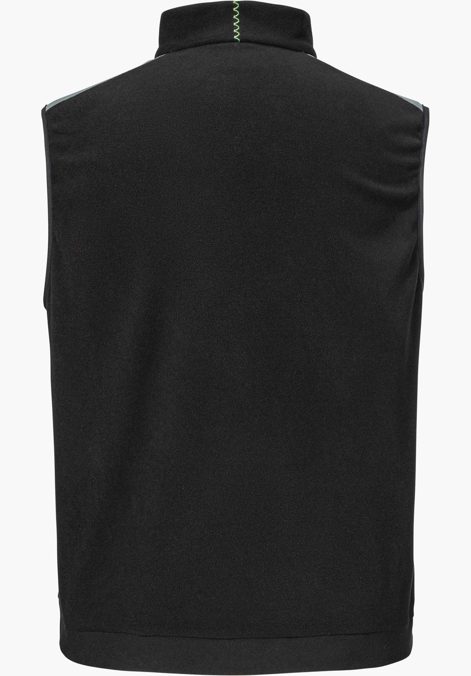 Fleece Vt Style Ash MEN shows the back view of the black fleece gilet with a green zigzag stitch on the collar, isolated against a white background.
