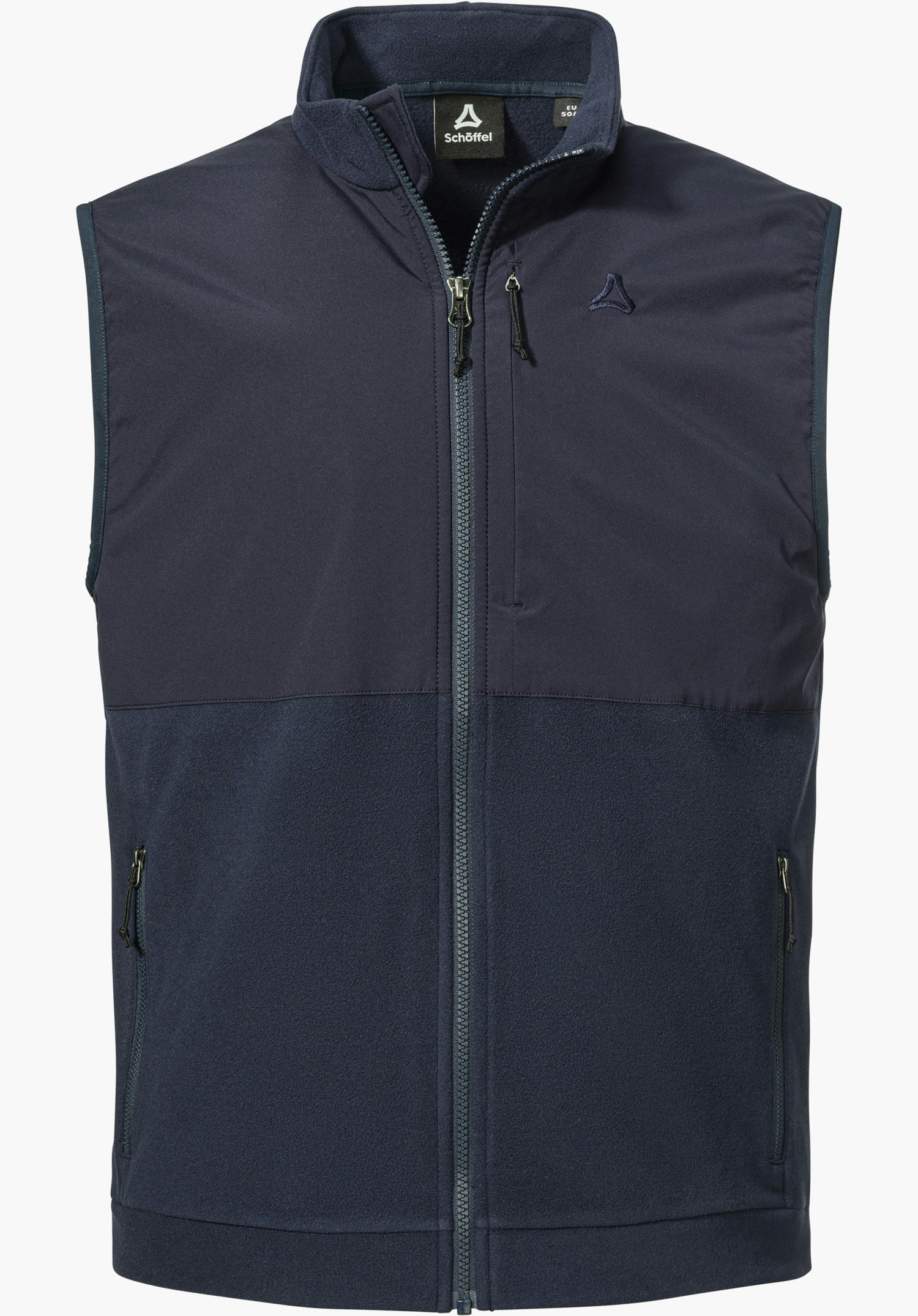 Fleece Vt Style Ash MEN als blaue Fleeceweste mit durchgehendem Reißverschluss, Brusttasche und Schöffel-Logo auf der linken Brust, freigestellt vor weißem Hintergrund.