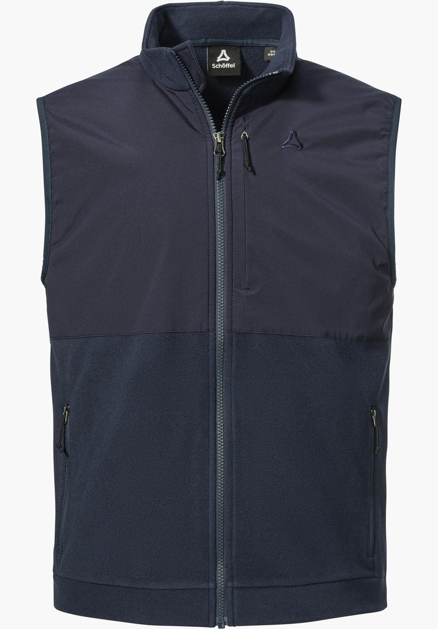 Fleece Vt Style Ash MEN as a blue fleece gilet with a full-length zip, chest pocket and Schöffel-Logo on the left chest, isolated on a white background.