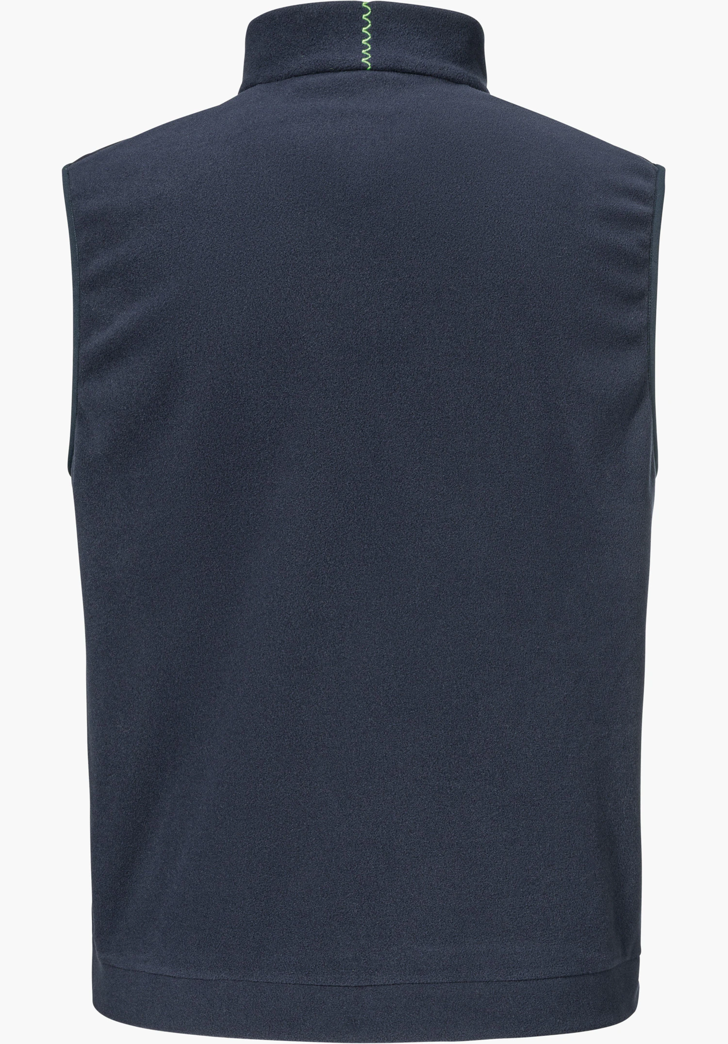 Fleece Vt Style Ash MEN is shown from the blue back view with a green stitching detail on the collar, isolated against a white background.