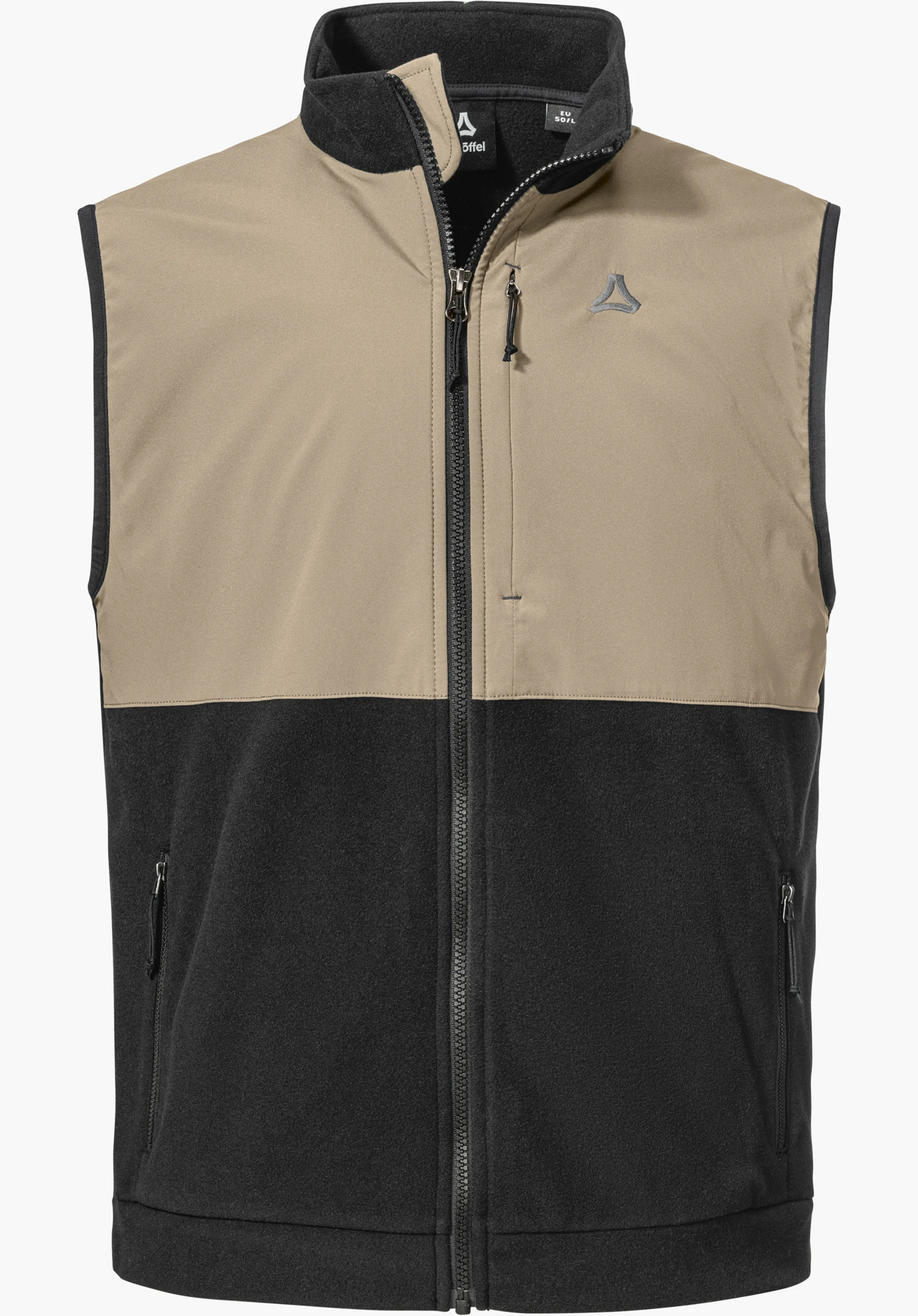 Fleece Vt Style Ash MEN as a two-tone gilet in black and beige with a full-length front zip, chest pocket, side pockets and Schöffel logo on the left chest, isolated against a white background.