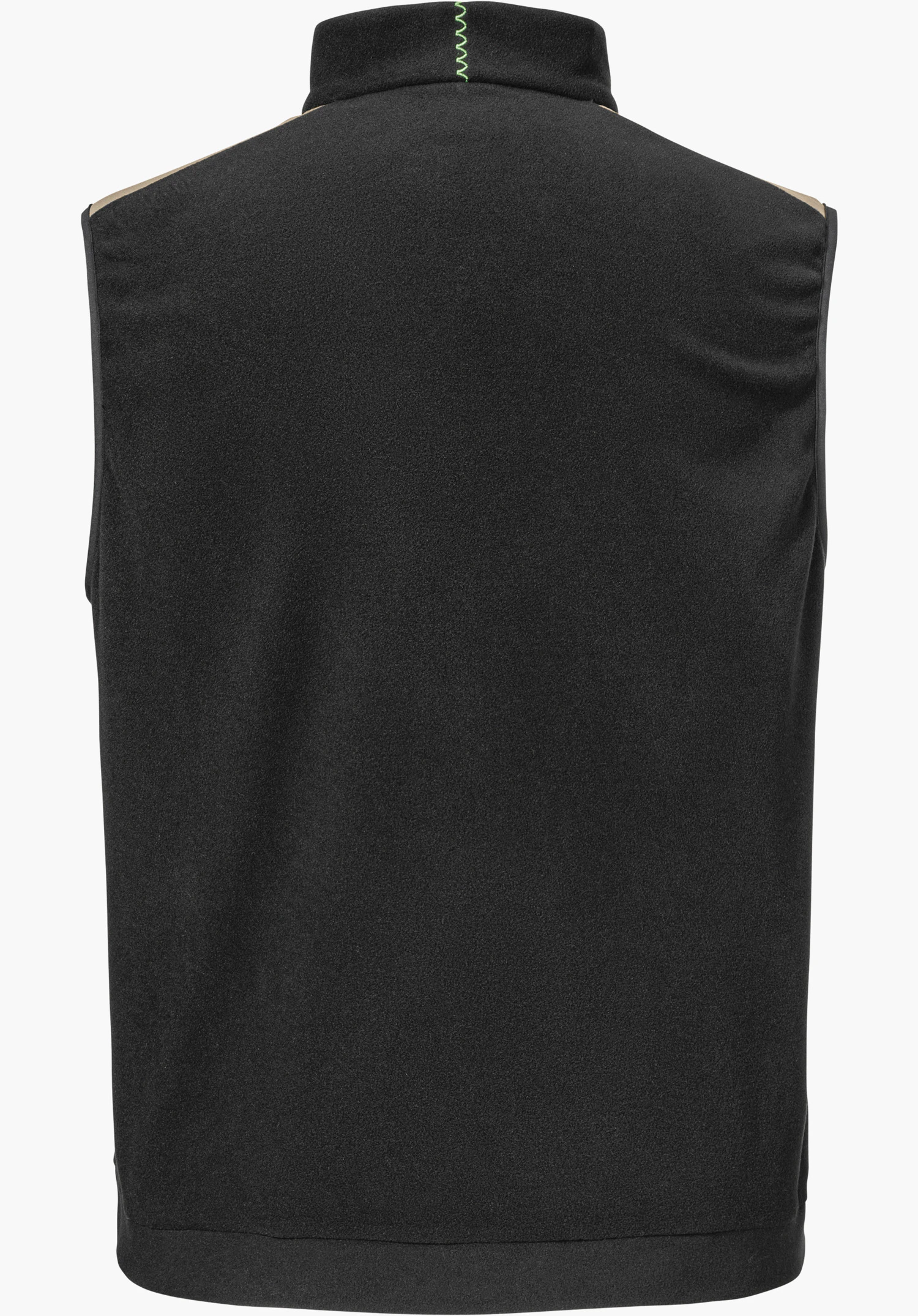 Fleece Vt Style Ash MEN in black, shown from the back featuring a distinctive green zigzag stitch on the collar, isolated against a white background.