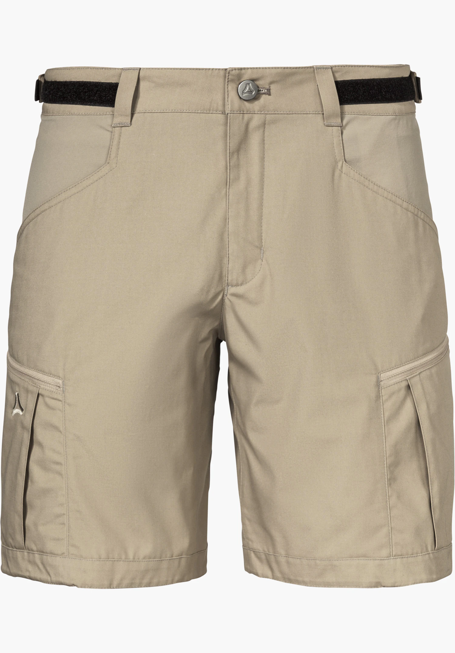 Shorts Style Maghera MEN in Beige mit schwarzen Klettdetails am Bund, seitlichen Eingrifftaschen und aufgesetzten Cargotaschen mit Schöffel-Logo, freigestellt vor weißem Hintergrund.