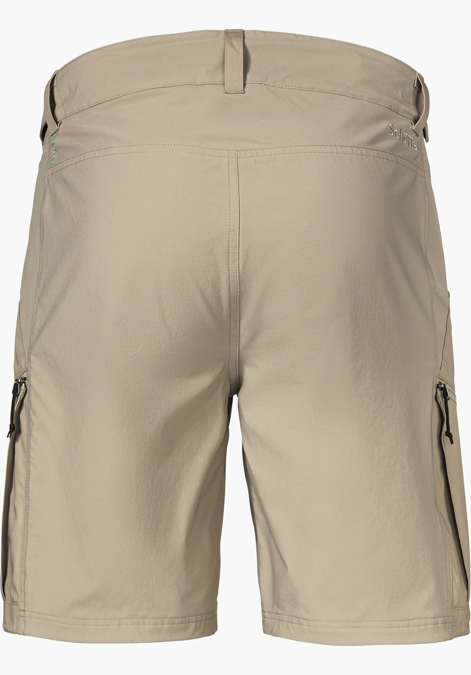 Shorts Style Maghera MEN in beige shows the back view with side zip pockets and a Schöffel logo on the top right, isolated on a white background.